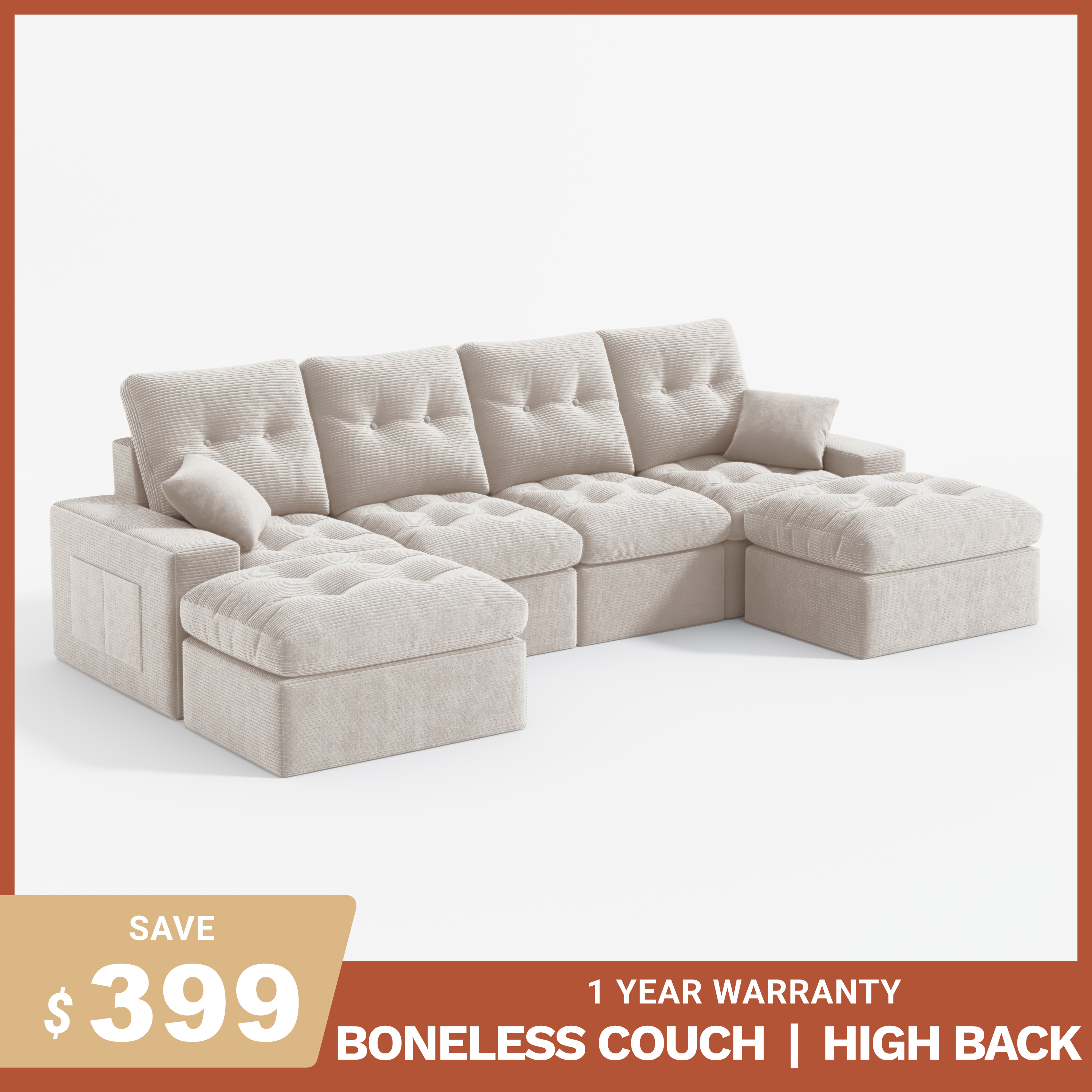 4-Seater Ergonomic High-Back Modular Sectional Couch-Supportive Seating, Corduroy Warm White