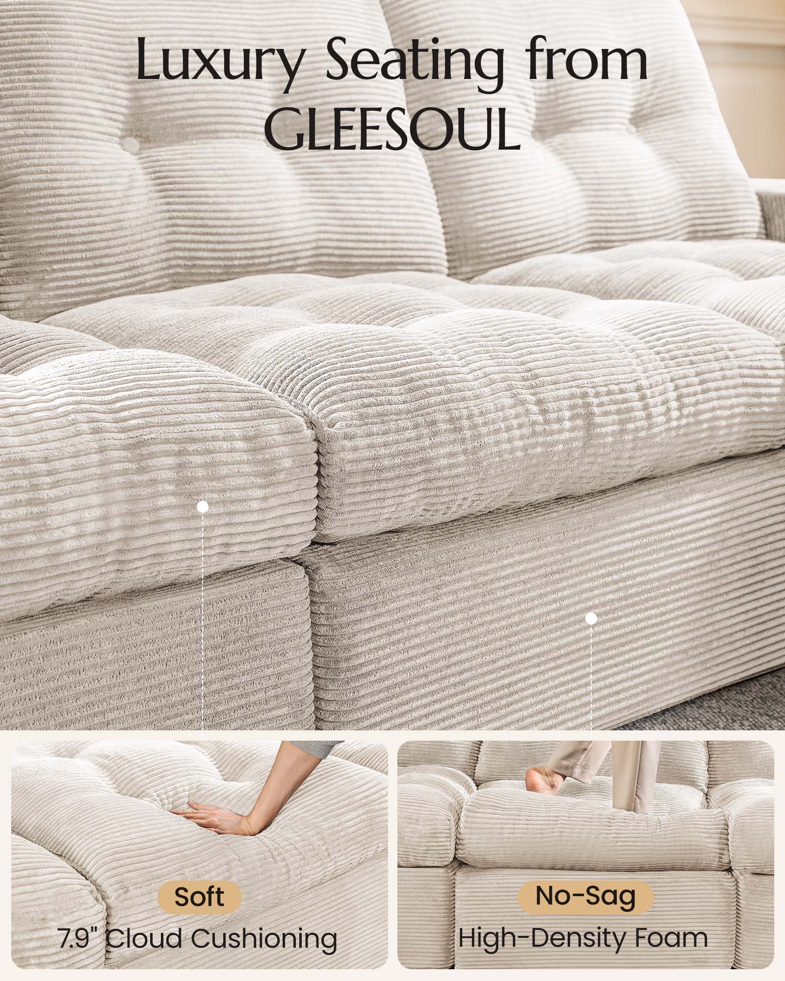 U-shaped Ergonomic High-Back Modular Sectional Couch-Supportive Seating, Corduroy Warm White