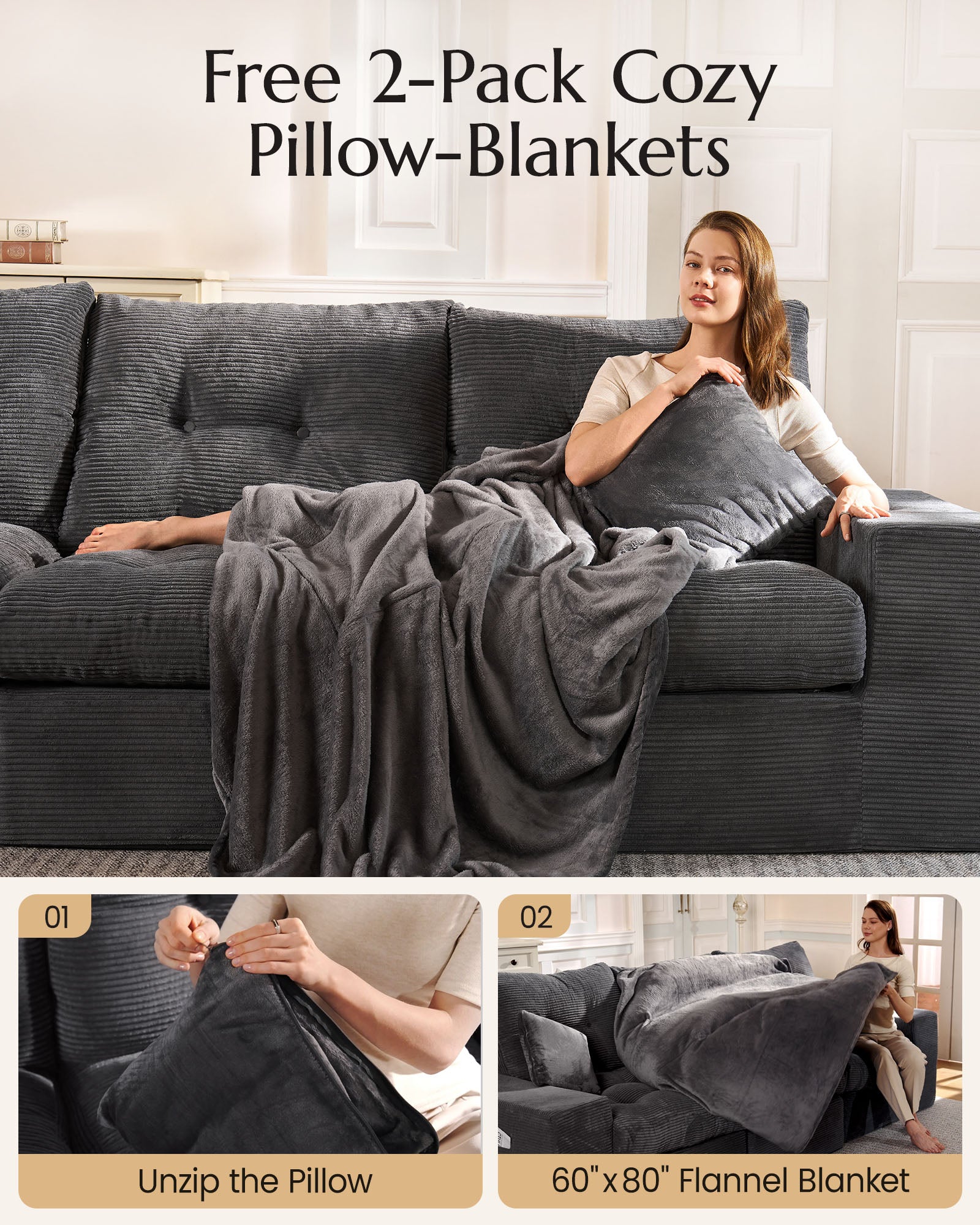 3-Seater Ergonomic High-Back Modular Sectional Couch-Supportive Seating, Corduroy Dark Grey