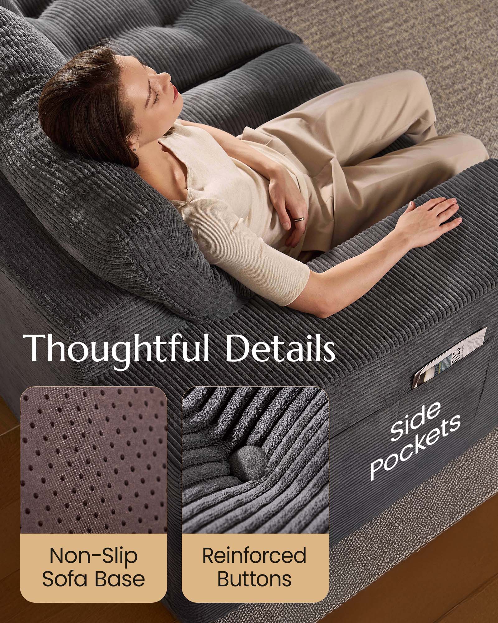 L-shaped Ergonomic High-Back Modular Sectional Couch-Supportive Seating, Corduroy Dark Grey