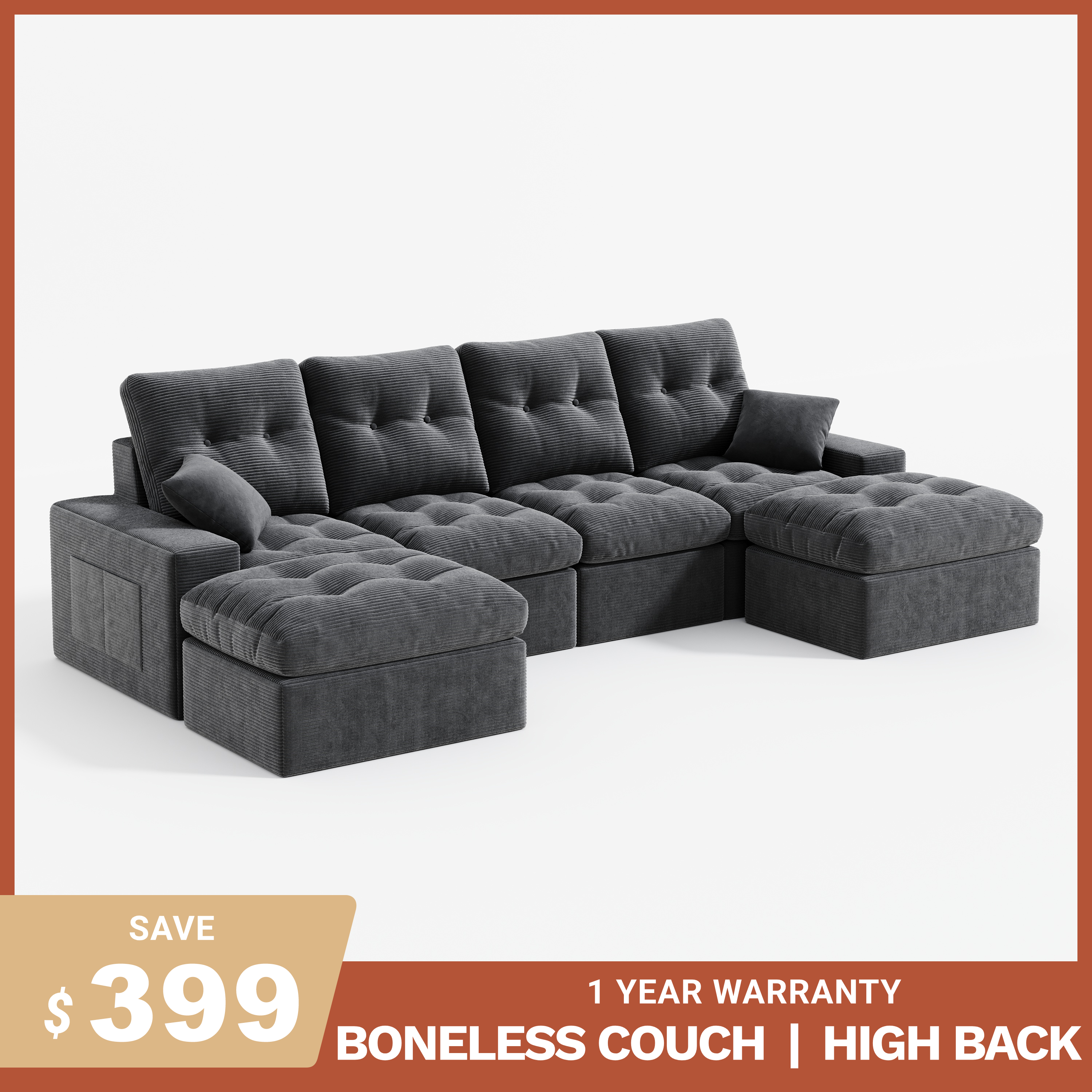 4-Seater Ergonomic High-Back Modular Sectional Couch-Supportive Seating, Corduroy Dark Grey