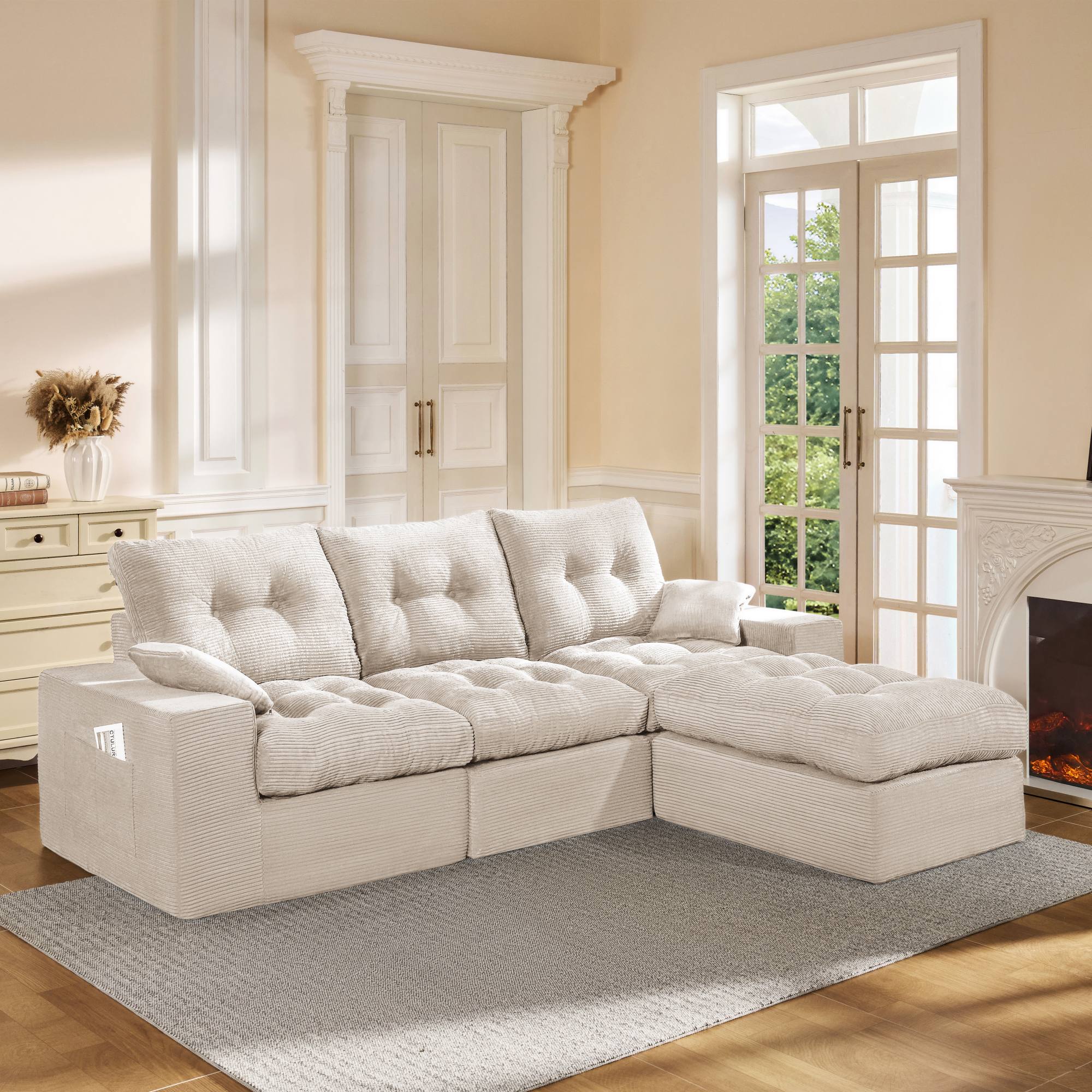 3-Seater Ergonomic High-Back Modular Sectional Couch-Supportive Seating, Corduroy Warm White