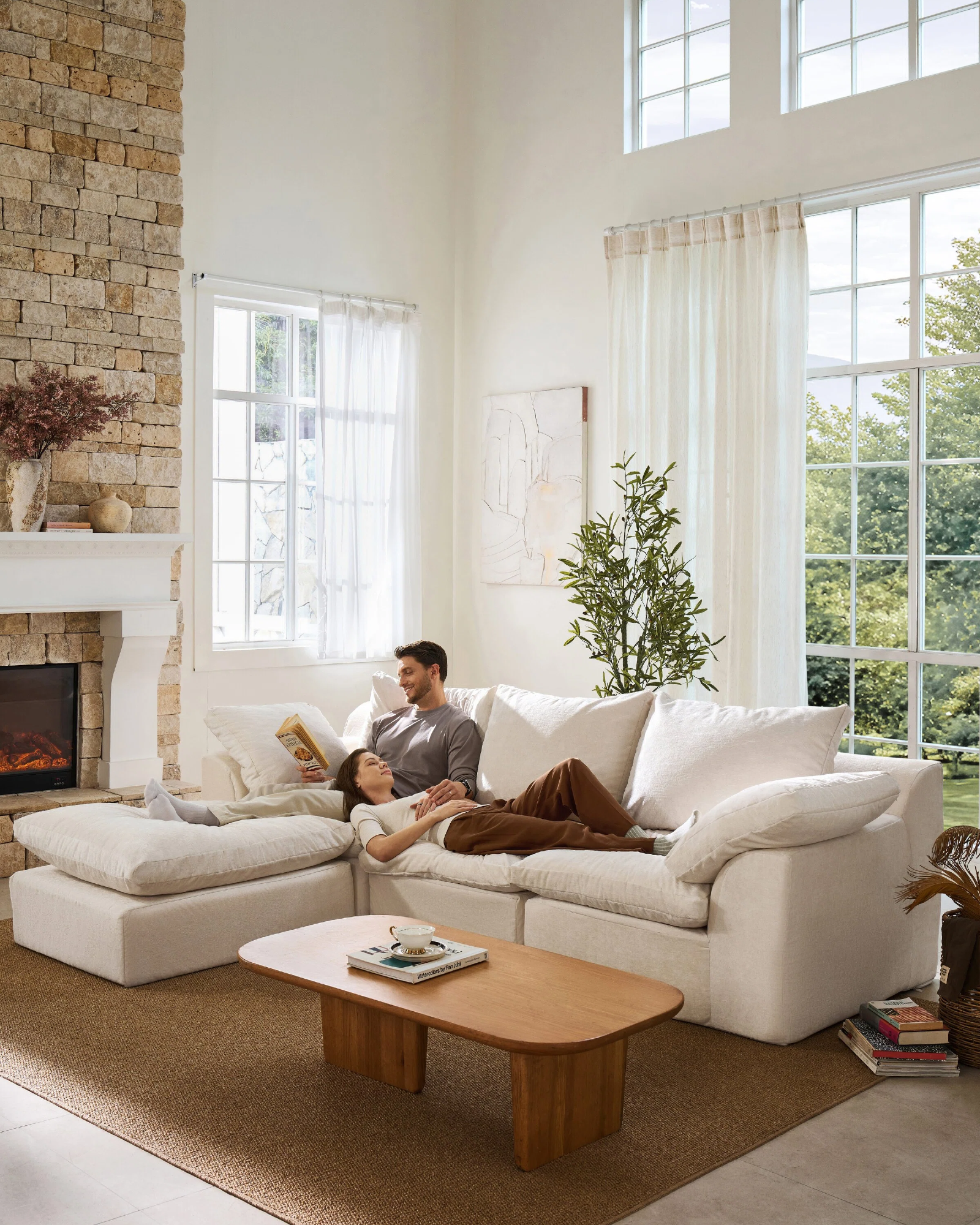 3-Seater Luxury High-Back Sectional Cloud Couch-Supportive Seating,Chenille Warm White