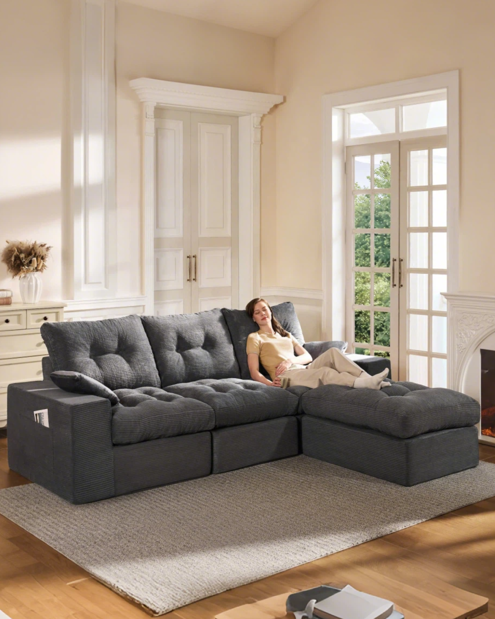 3-Seater Ergonomic High-Back Modular Sectional Couch-Supportive Seating, Corduroy Dark Grey
