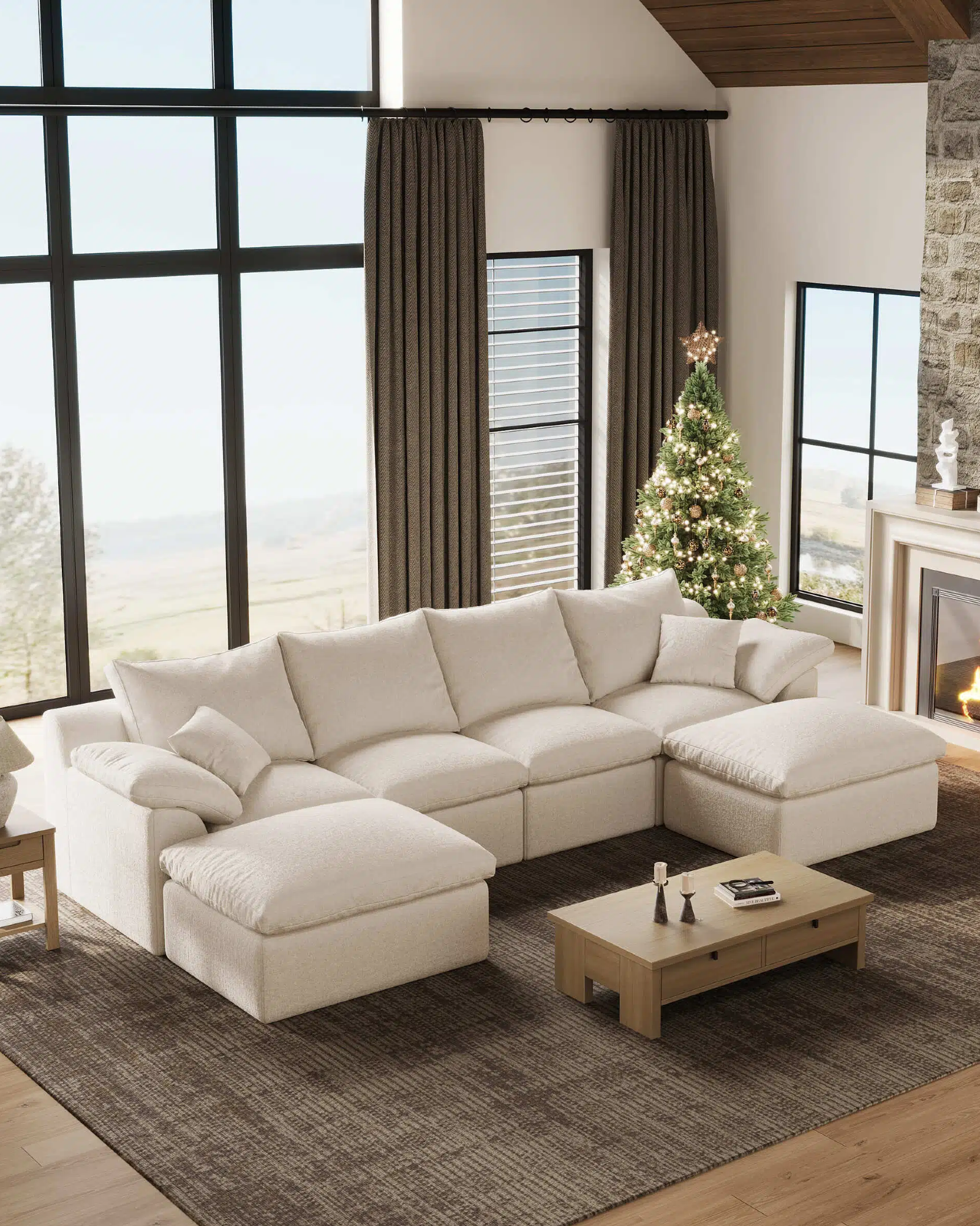 4-Seater Luxury High-Back Sectional Cloud Couch-Supportive Seating,Chenille Warm White