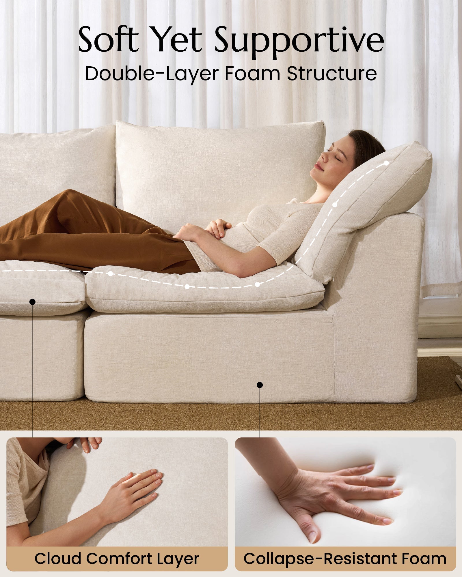 3-Seater Luxury High-Back Sectional Cloud Couch-Supportive Seating,Chenille Warm White