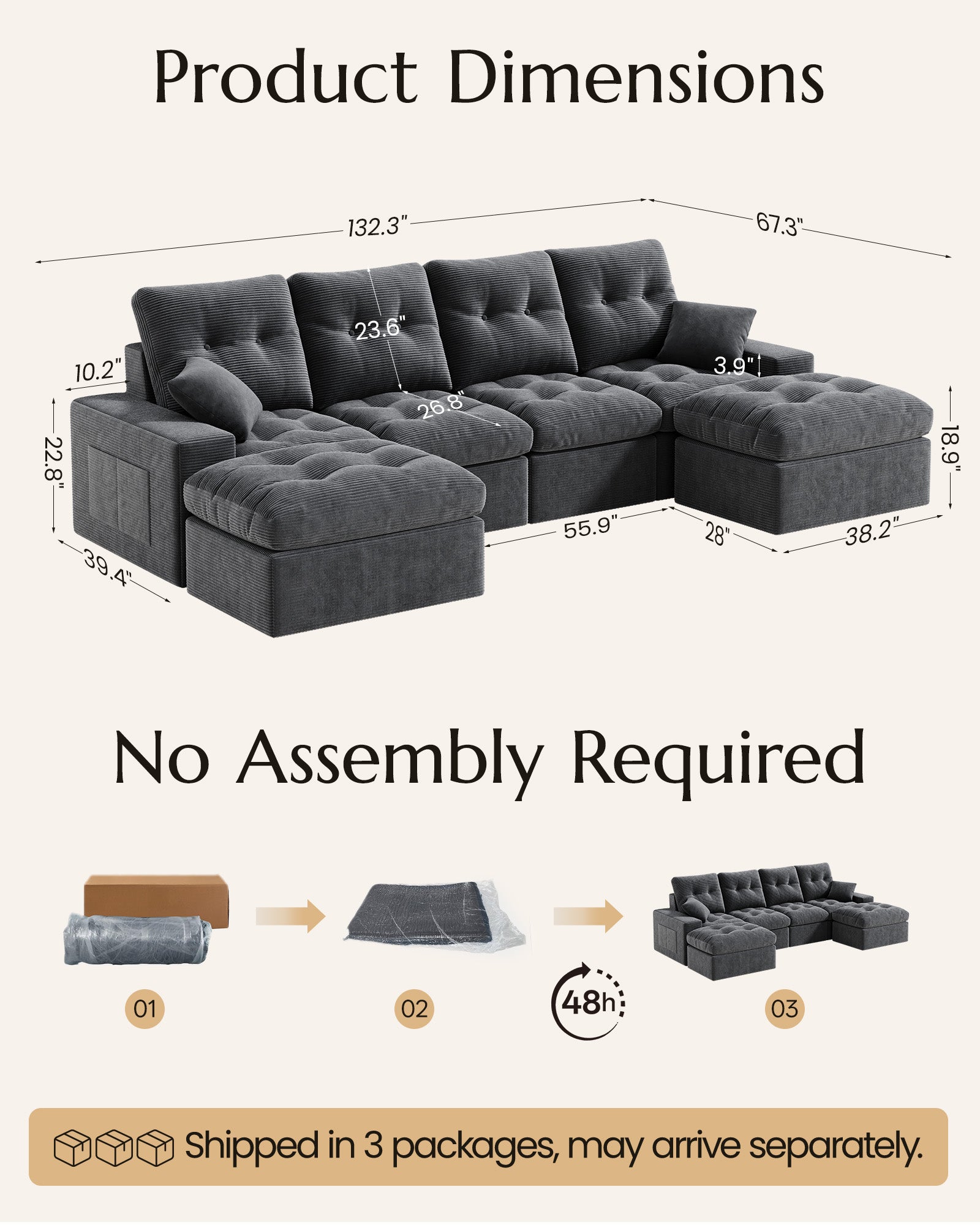 4-Seater Ergonomic High-Back Modular Sectional Couch-Supportive Seating, Corduroy Warm White