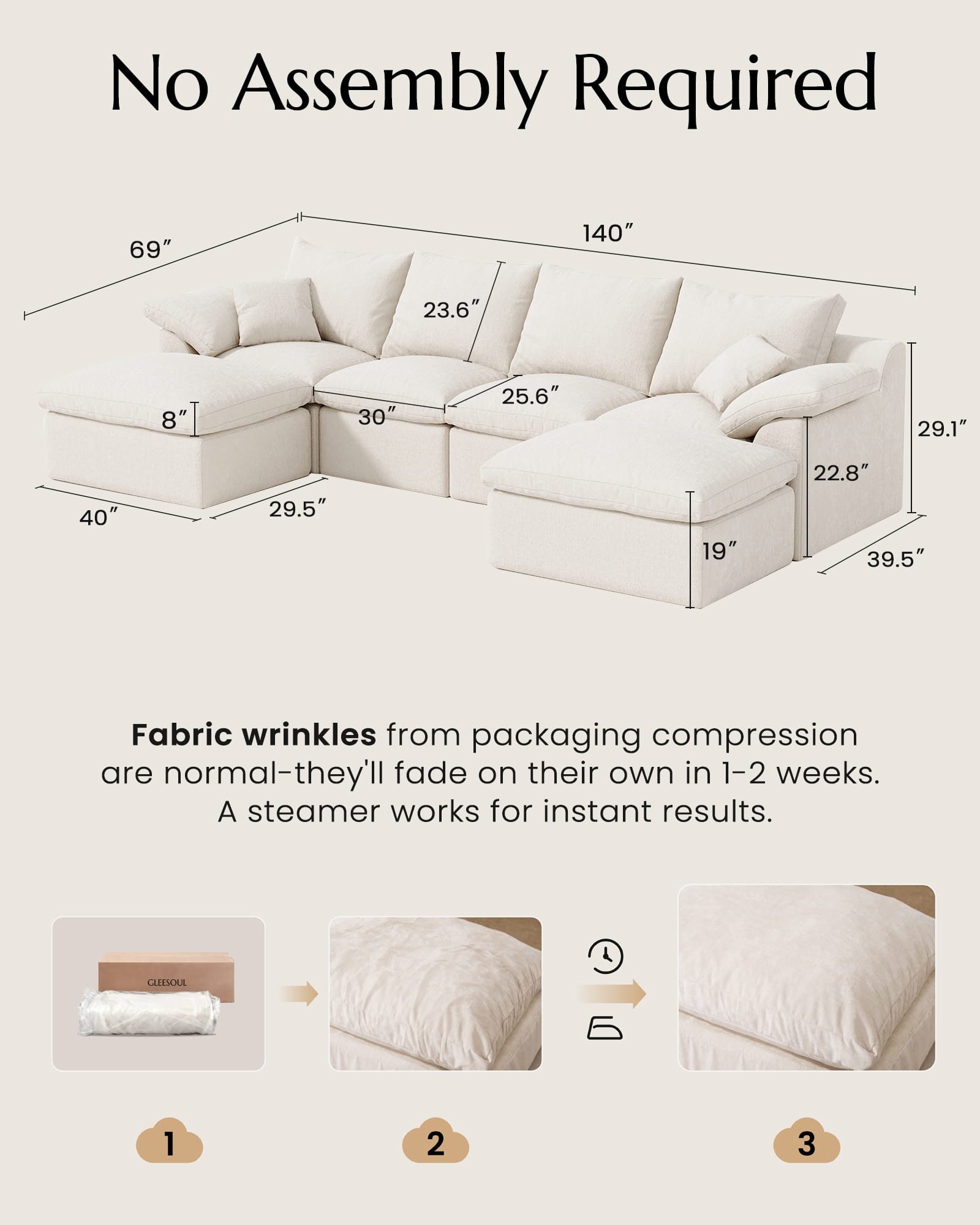 4-Seater Luxury High-Back Sectional Cloud Couch-Supportive Seating,Chenille Warm White