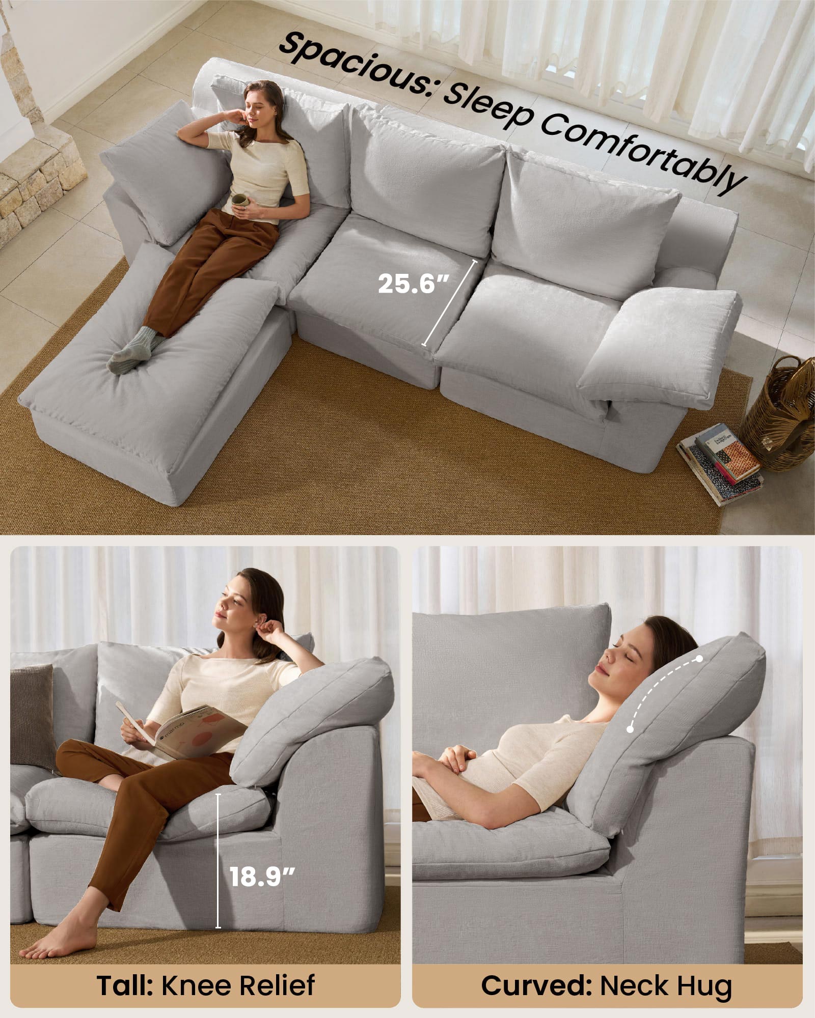 3-Seater Luxury High-Back Sectional Cloud Couch-Supportive Seating,Chenille Dark Grey