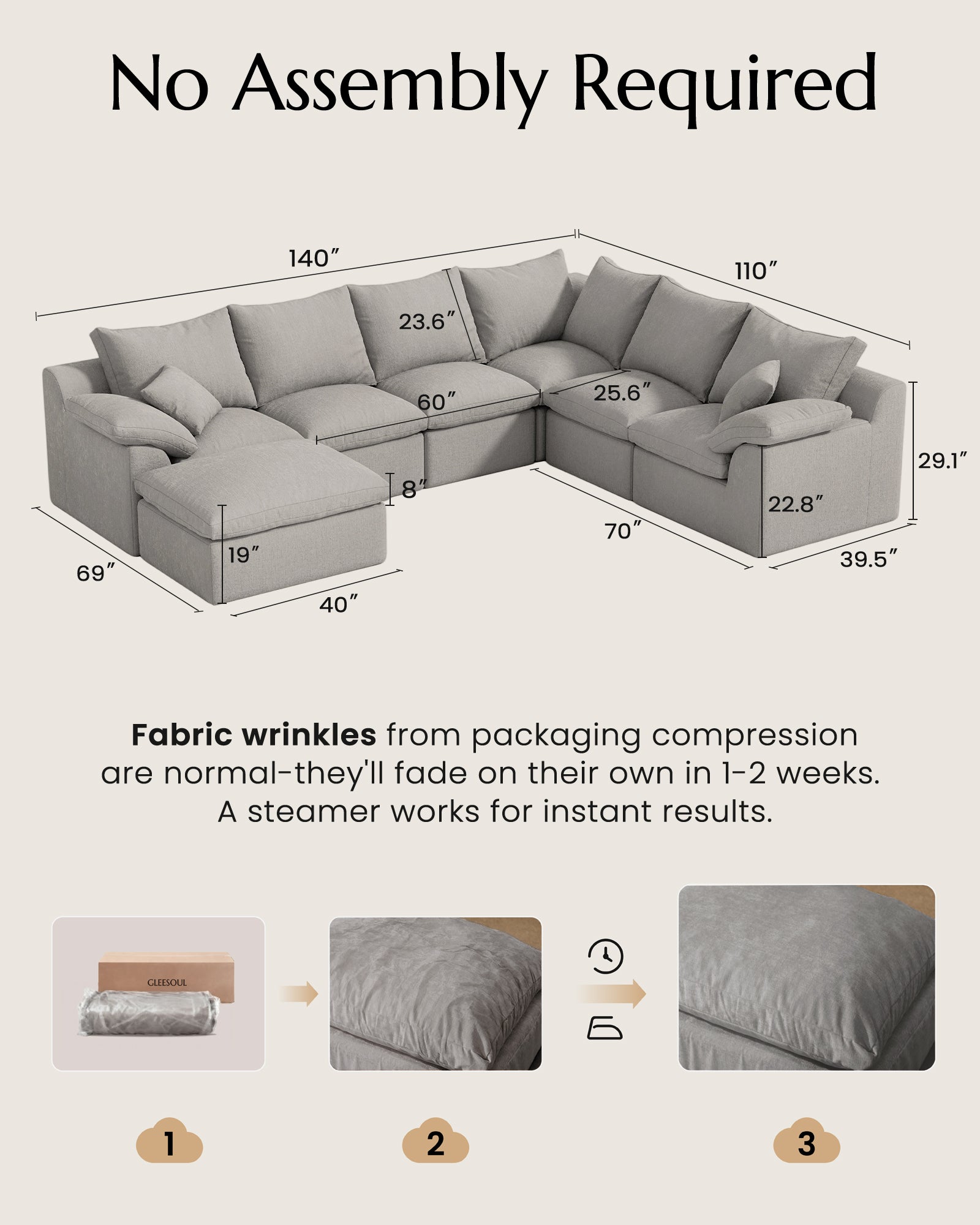 L-shaped Luxury High-Back Sectional Cloud Couch-Supportive Seating,Chenille Dark Grey