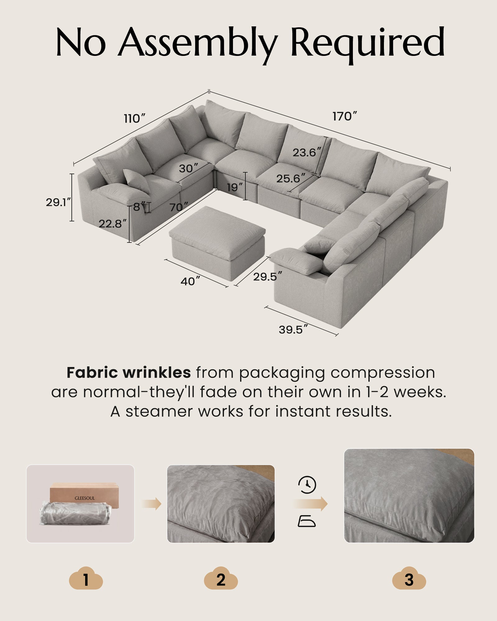 U-shaped Luxury High-Back Sectional Cloud Couch-Supportive Seating,Chenille Dark Grey