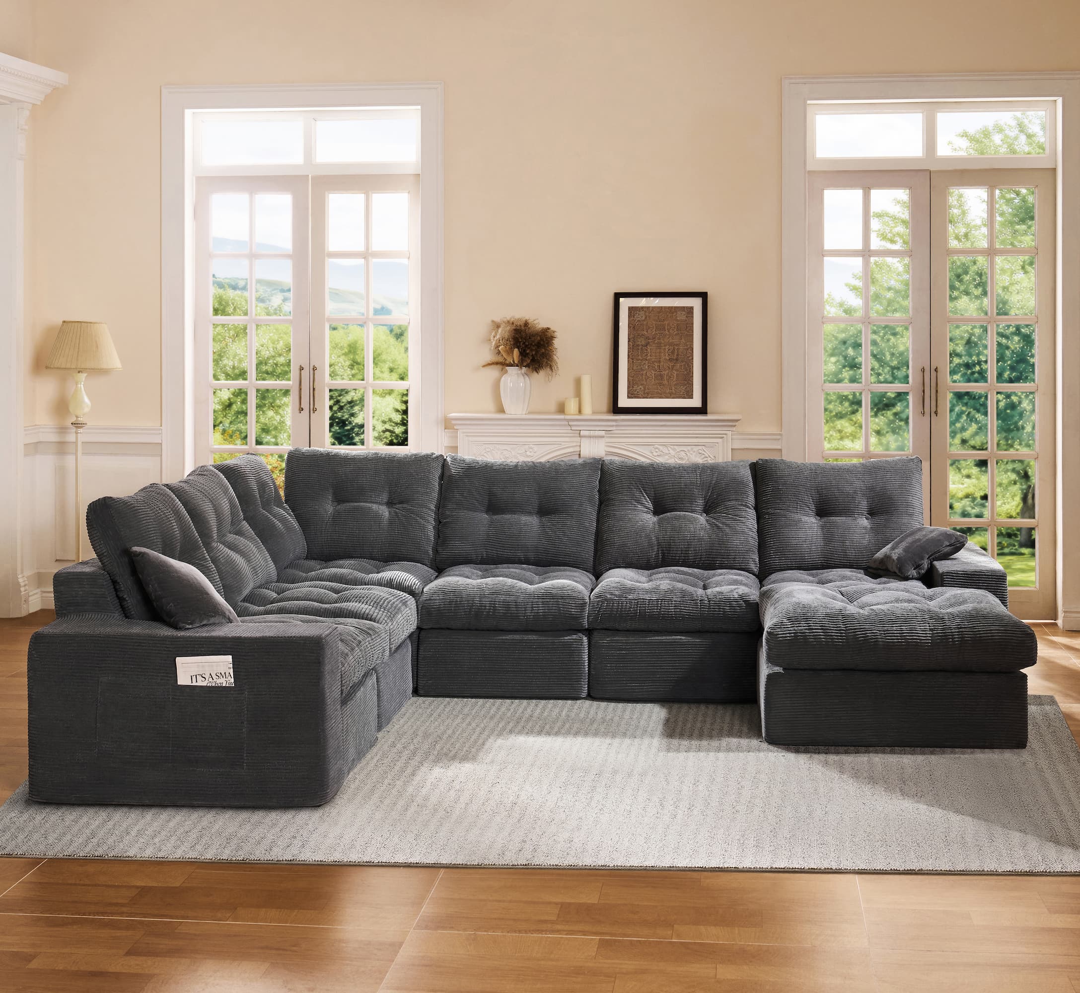 L-shaped Ergonomic High-Back Modular Sectional Couch-Supportive Seating, Corduroy Dark Grey