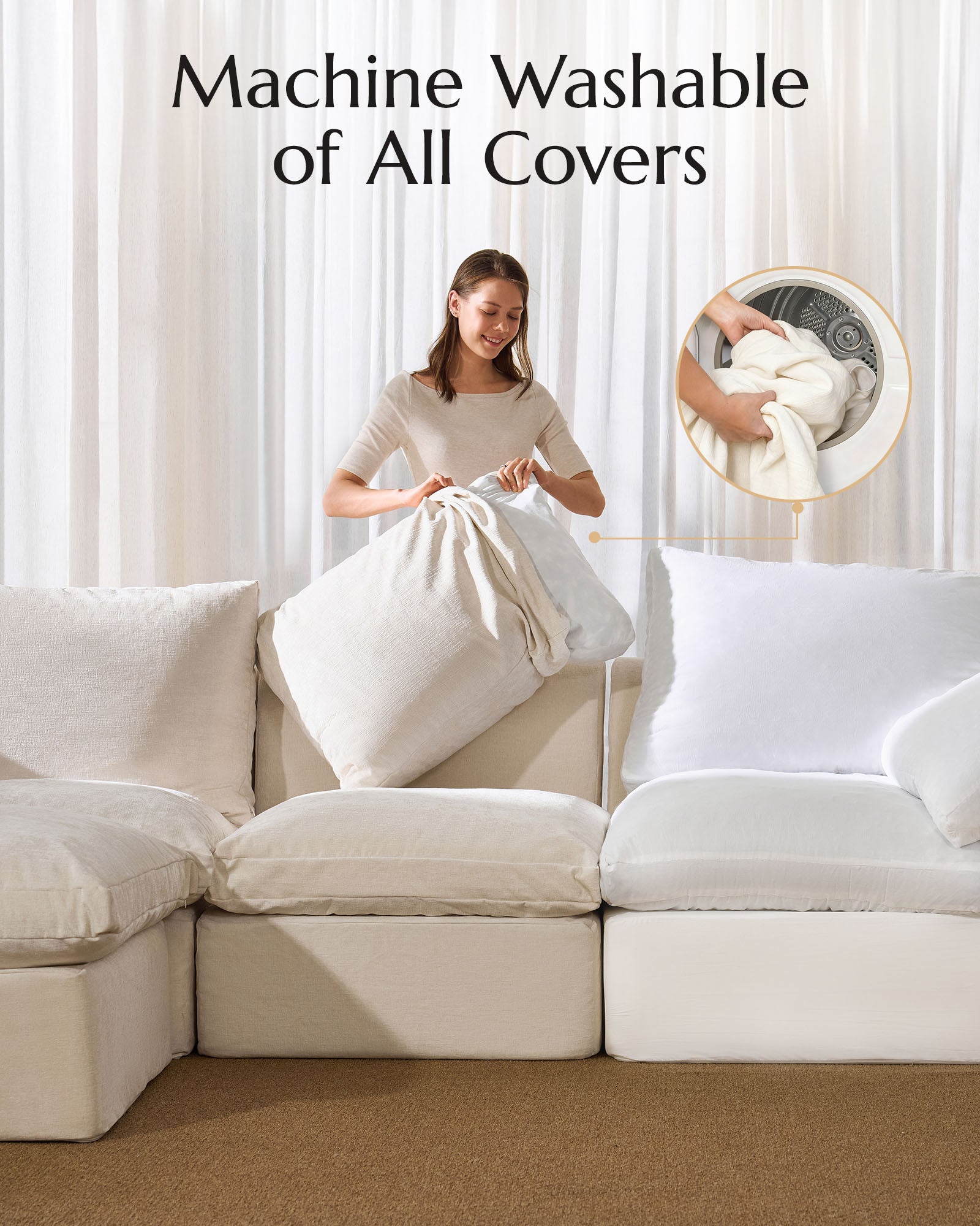 4-Seater Luxury High-Back Sectional Cloud Couch-Supportive Seating,Chenille Warm White