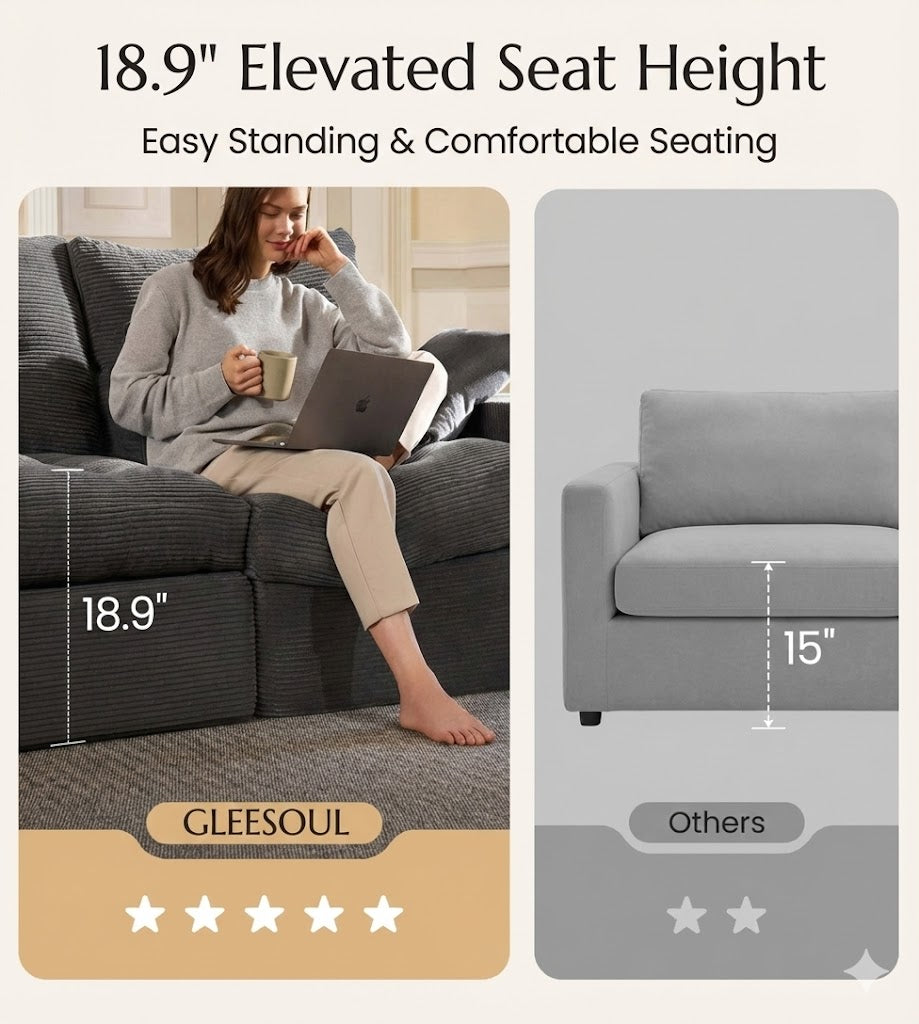 3-Seater Ergonomic High-Back Modular Sectional Couch-Supportive Seating, Corduroy Dark Grey