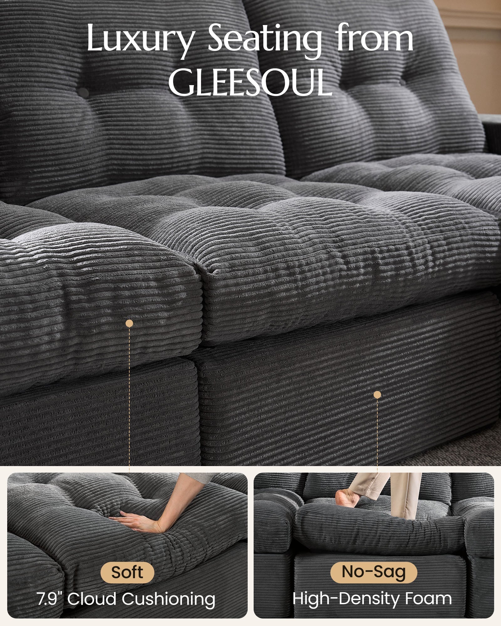 4-Seater Ergonomic High-Back Modular Sectional Couch-Supportive Seating, Corduroy Dark Grey