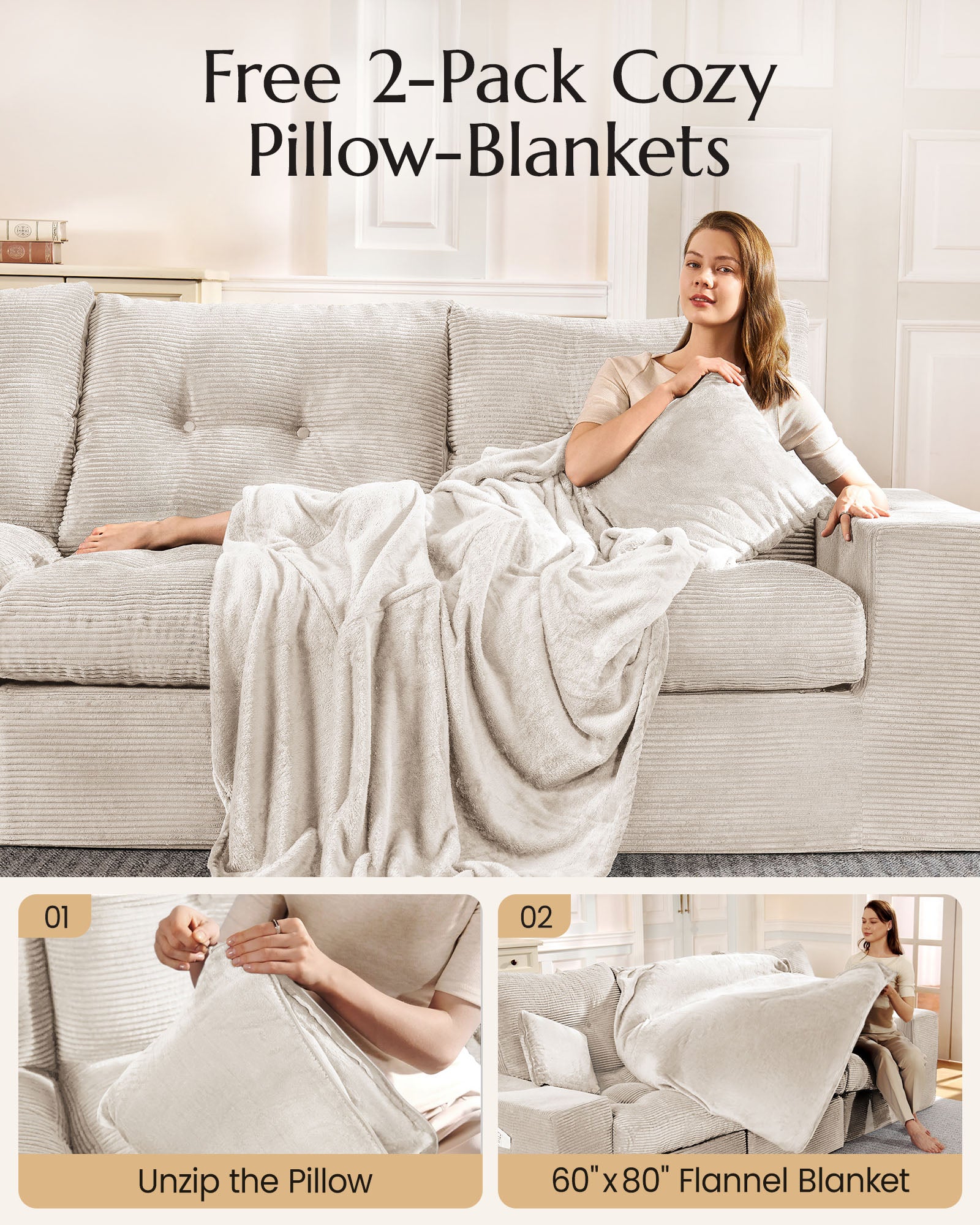 2-Seater Ergonomic High-Back Modular Couch-Supportive Seating, Corduroy Warm White