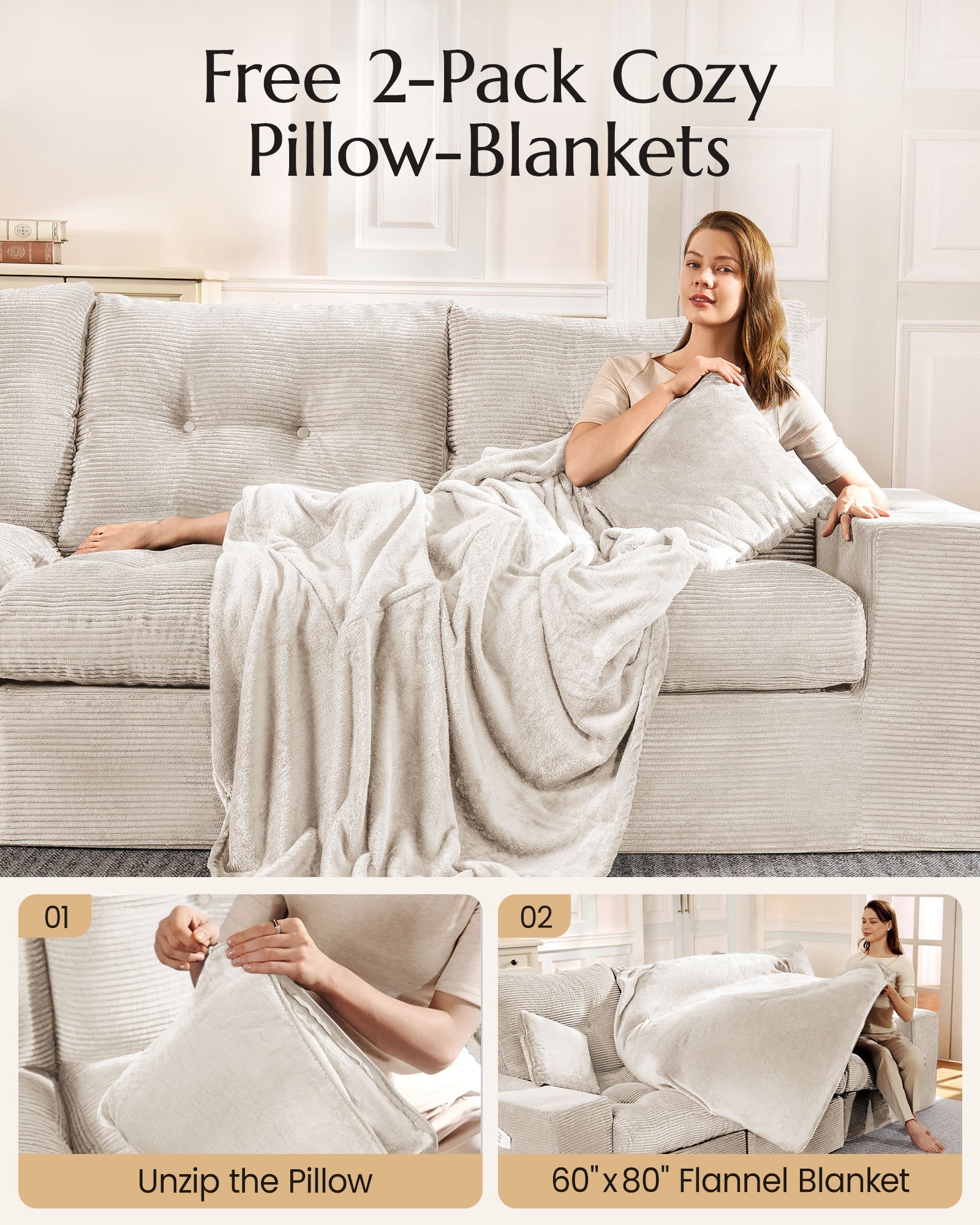 U-shaped Ergonomic High-Back Modular Sectional Couch-Supportive Seating, Corduroy Warm White