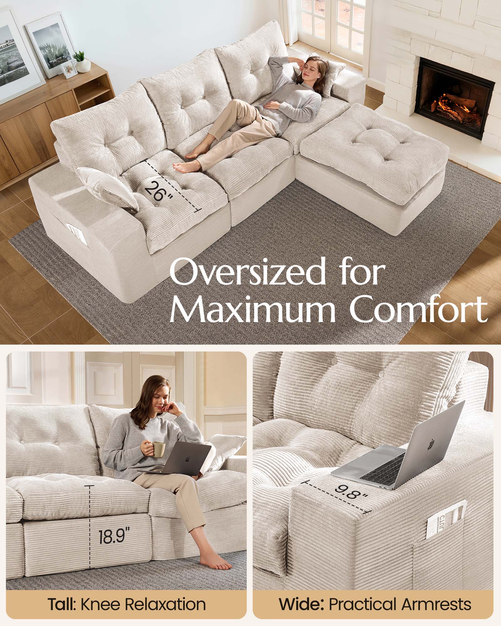 2-Seater Ergonomic High-Back Modular Couch-Supportive Seating, Corduroy Warm White