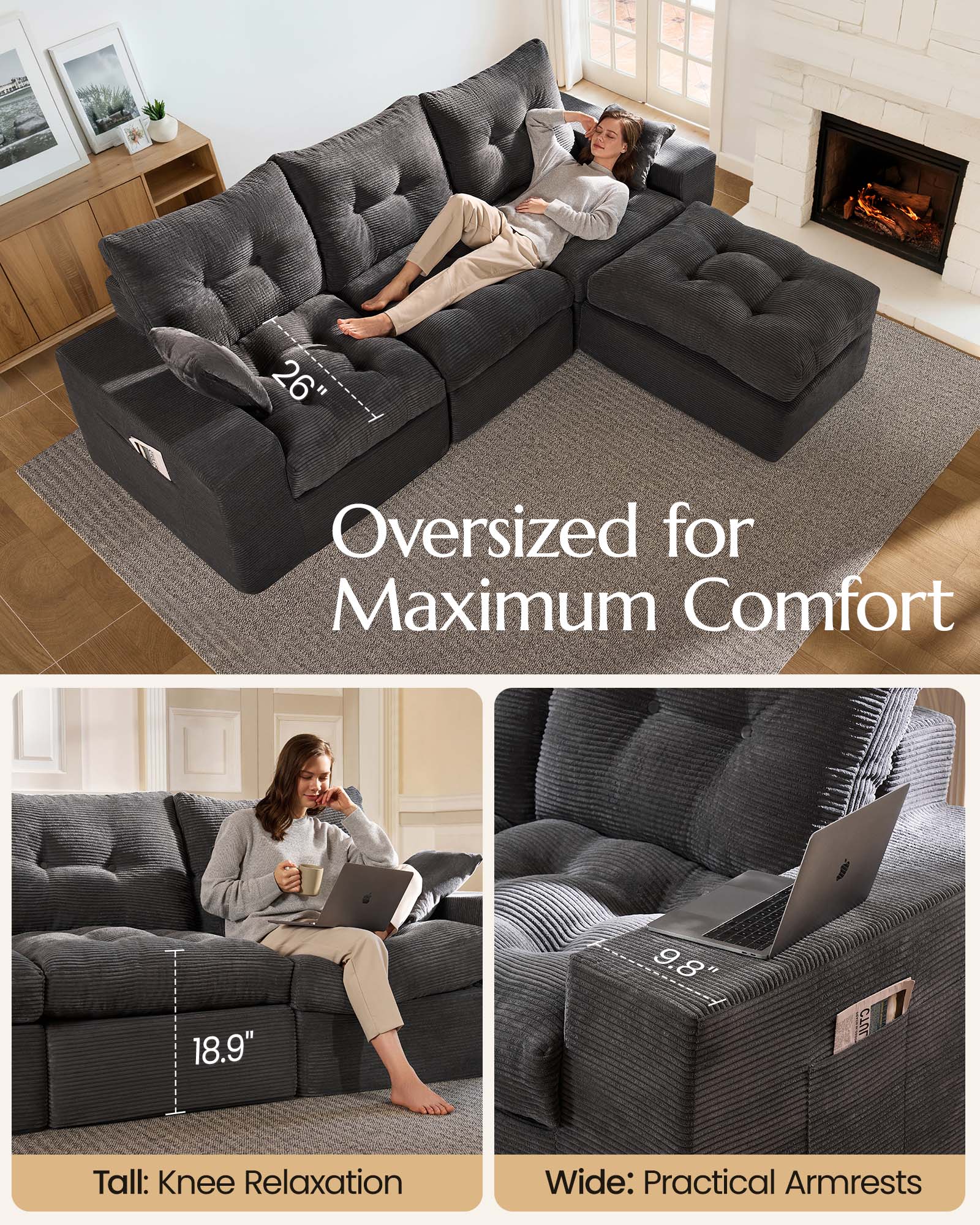 4-Seater Ergonomic High-Back Modular Sectional Couch-Supportive Seating, Corduroy Dark Grey