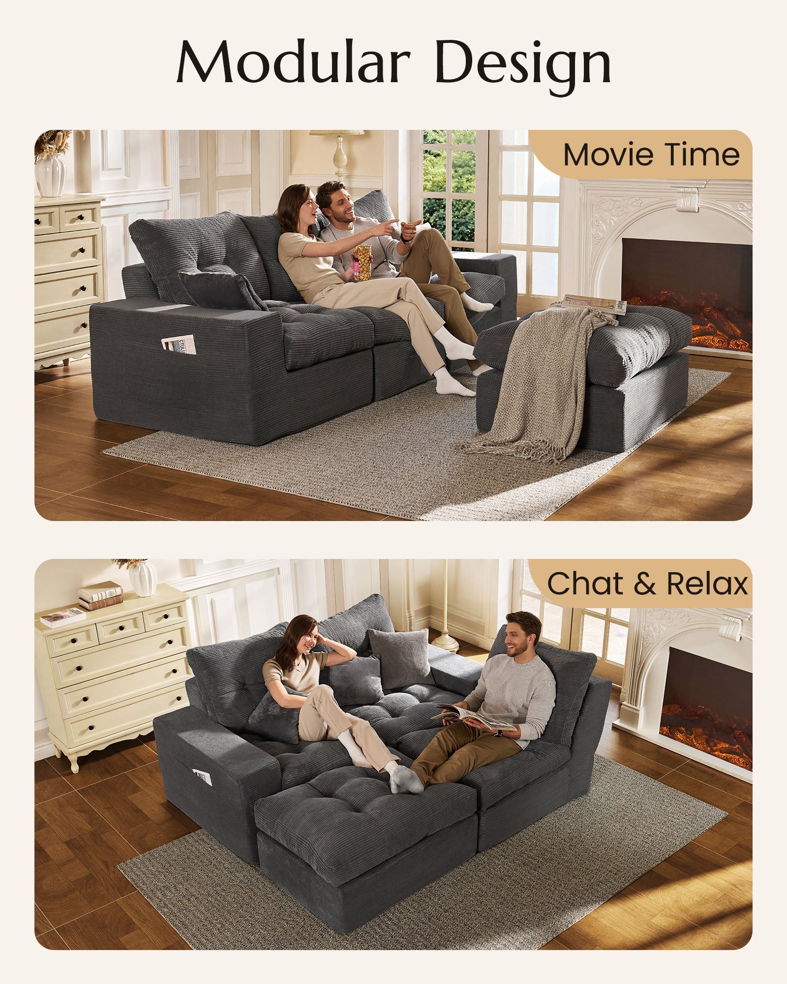 U-shaped  Ergonomic High-Back Modular Sectional Couch-Supportive Seating, Corduroy Dark Grey