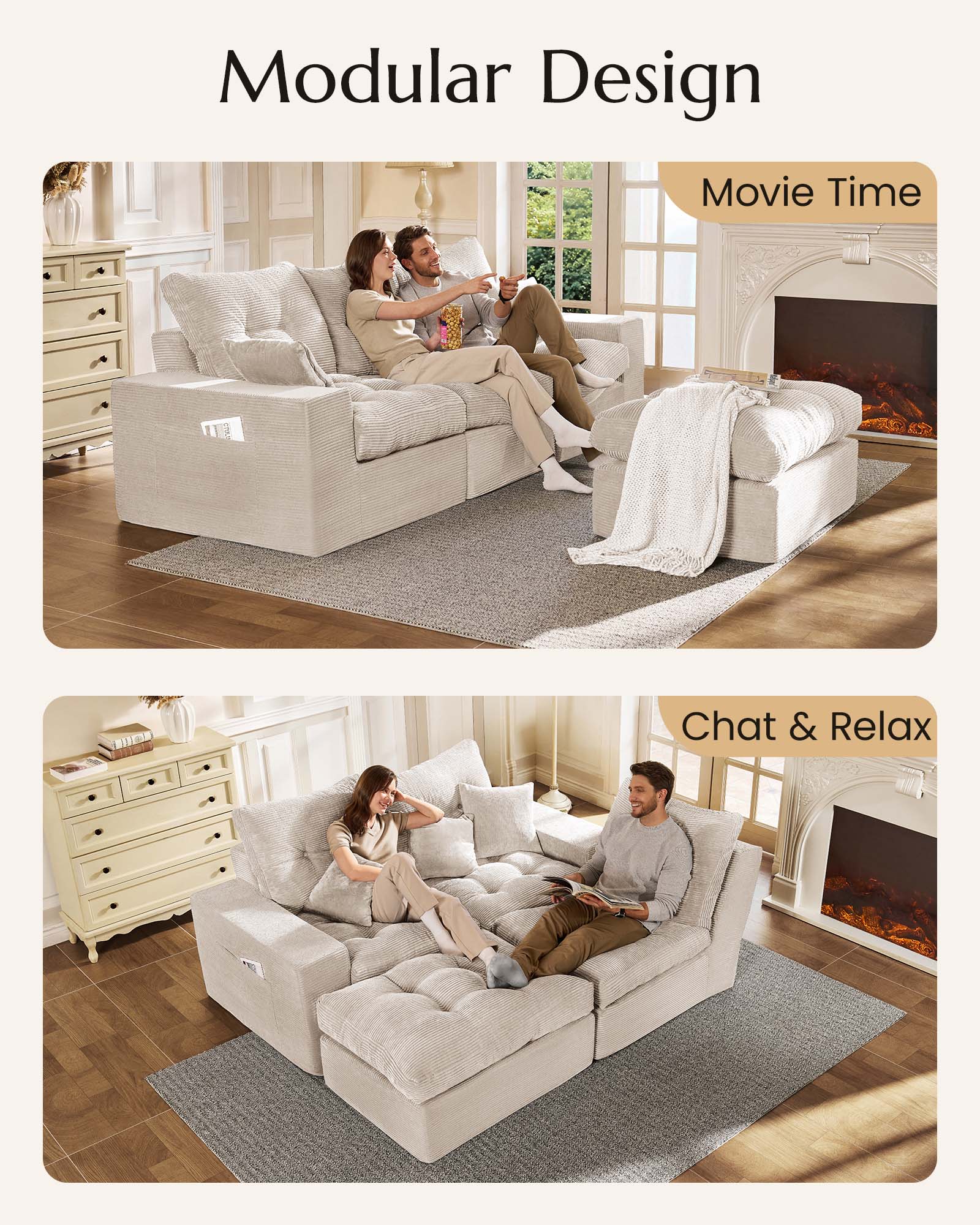 L-shaped Ergonomic High-Back Modular Sectional Couch-Supportive Seating, Corduroy Warm White