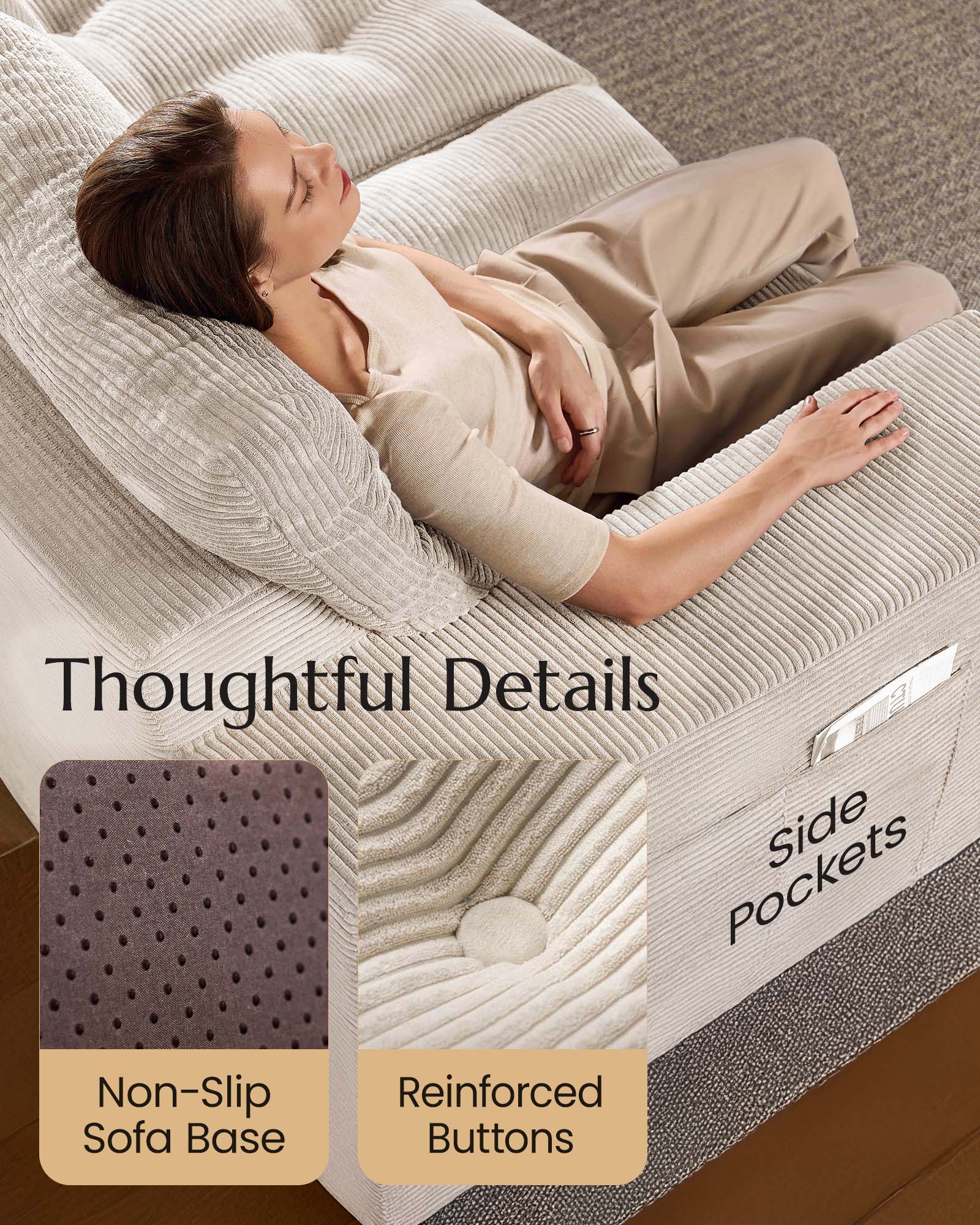 U-shaped Ergonomic High-Back Modular Sectional Couch-Supportive Seating, Corduroy Warm White