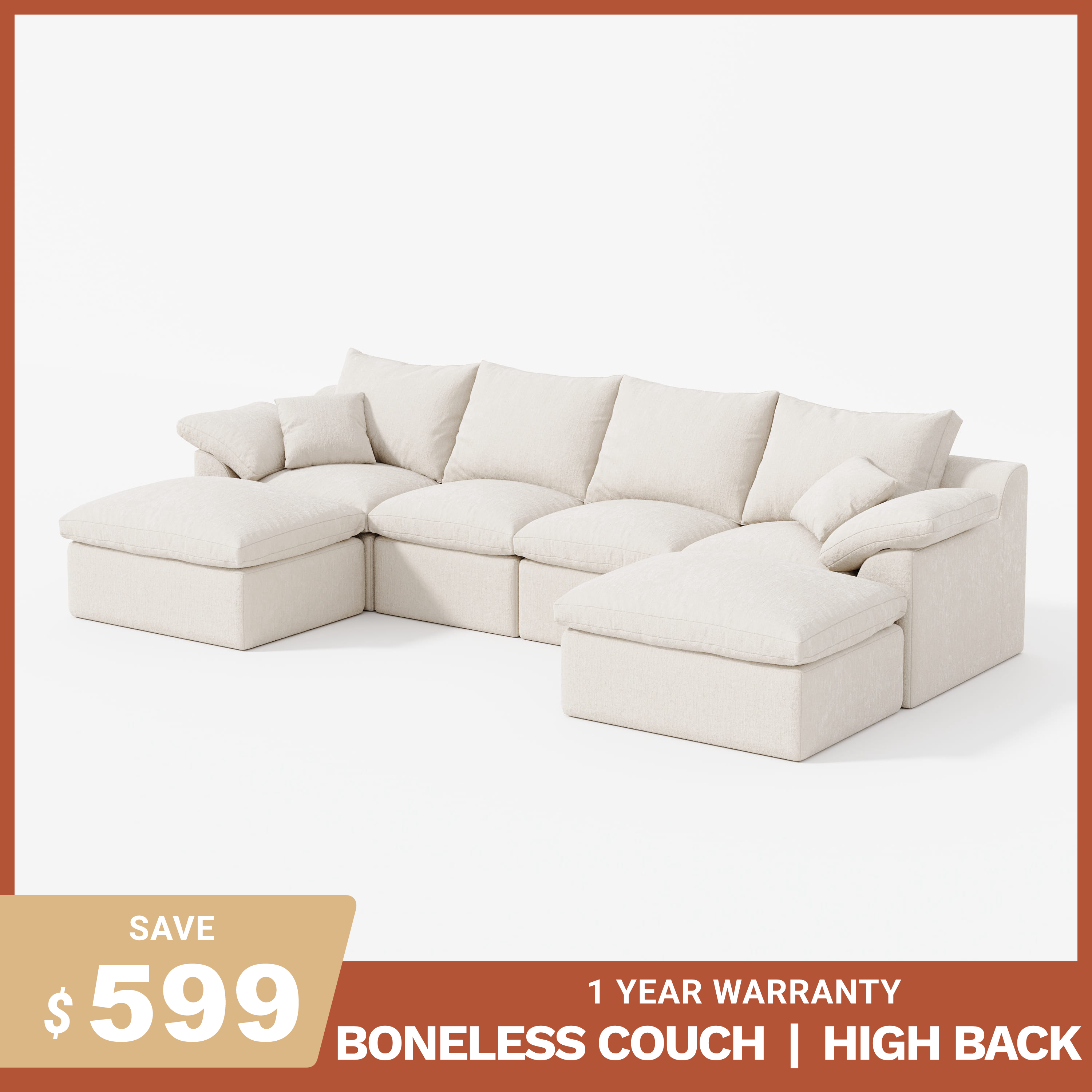 4-Seater Luxury High-Back Sectional Cloud Couch-Supportive Seating,Chenille Warm White
