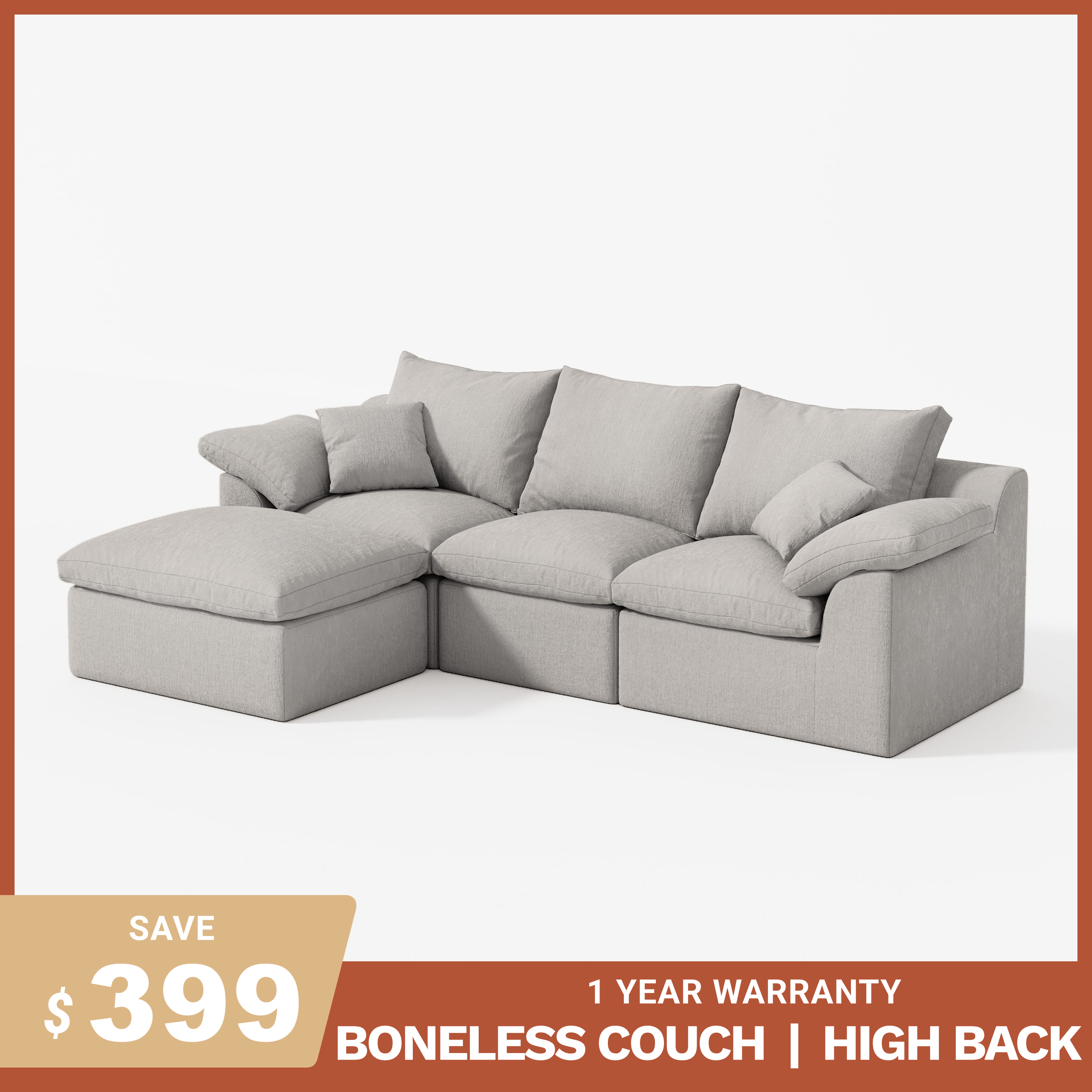 3-Seater Luxury High-Back Sectional Cloud Couch-Supportive Seating,Chenille Dark Grey