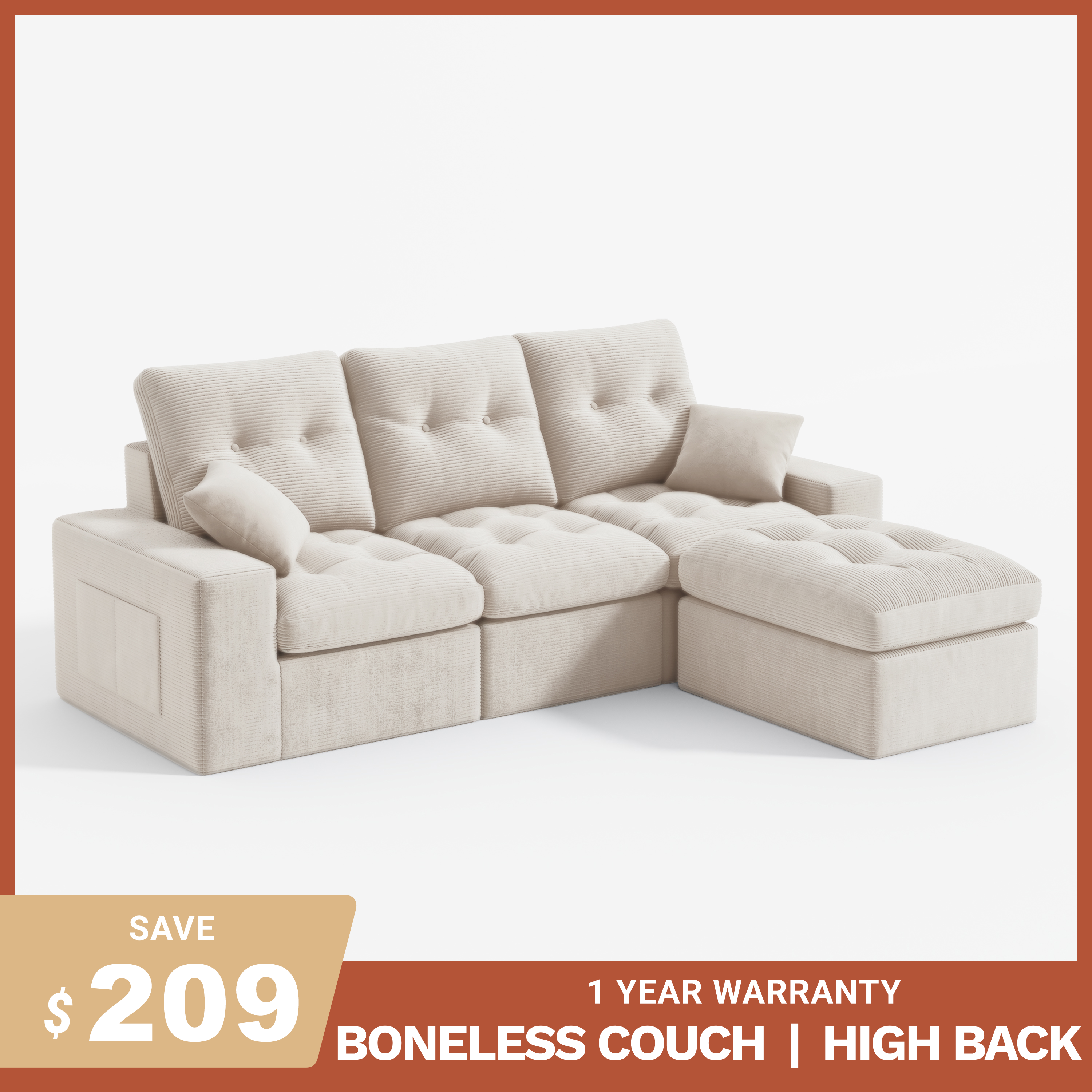 3-Seater Ergonomic High-Back Modular Sectional Couch-Supportive Seating, Corduroy Warm White