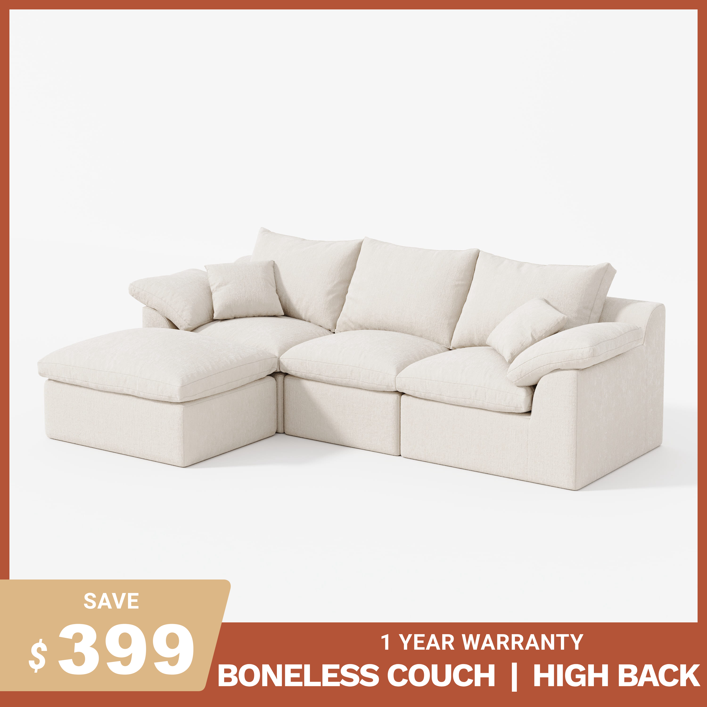 3-Seater Luxury High-Back Sectional Cloud Couch-Supportive Seating,Chenille Warm White