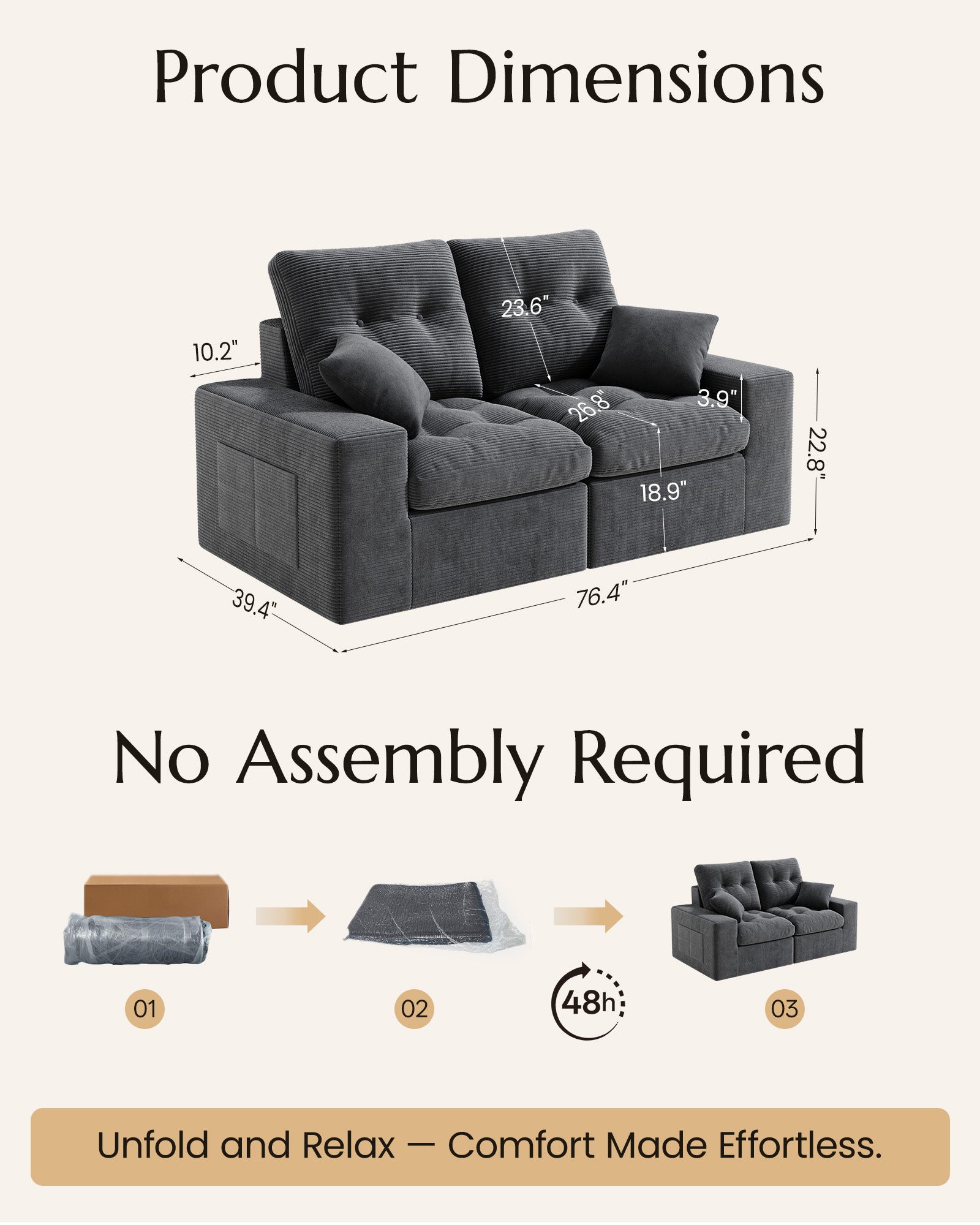 2-Seater Ergonomic High-Back Modular Couch-Supportive Seating, Corduroy Warm White