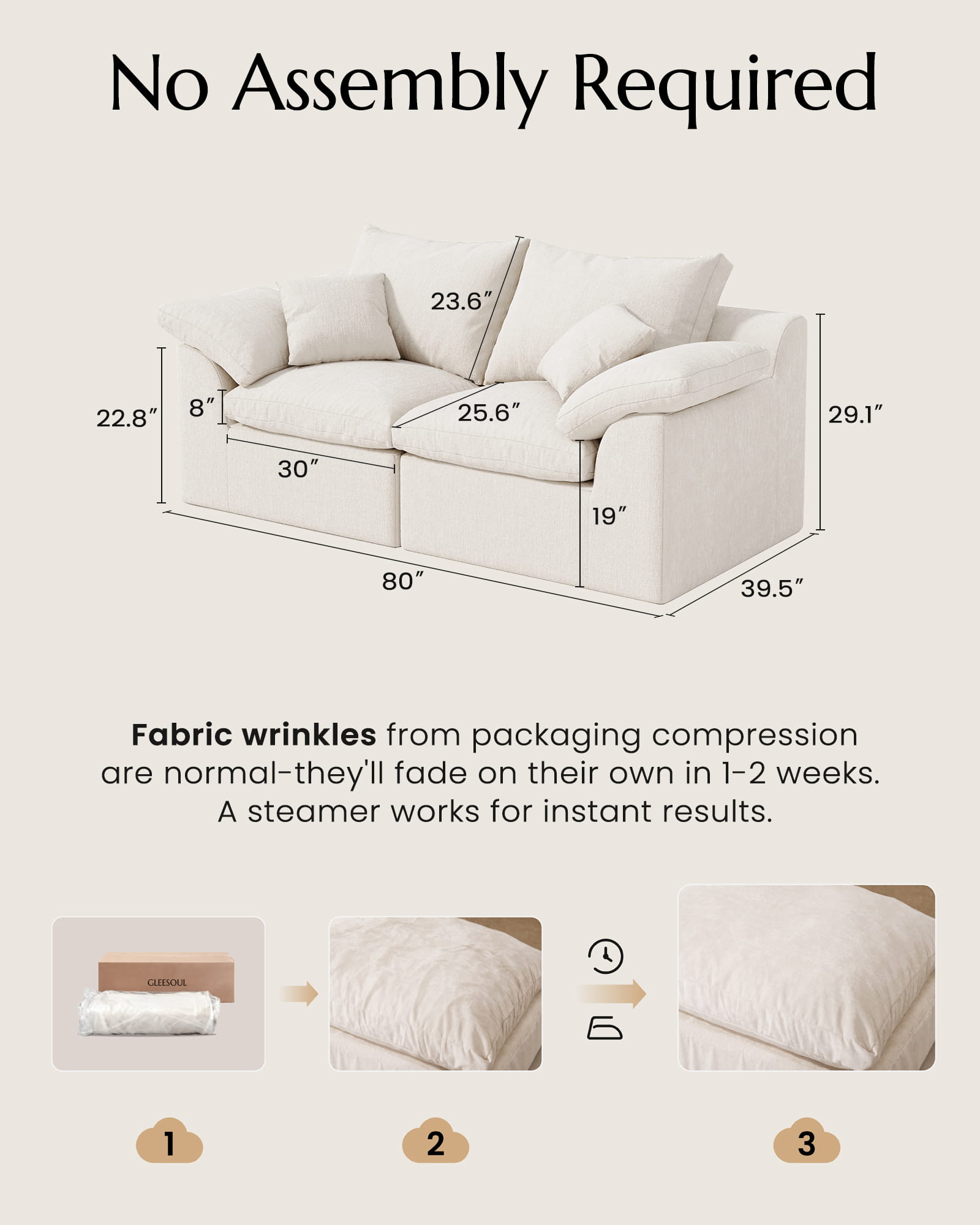 2-Seater Luxury High-Back Cloud Couch-Supportive Seating, Chenille Warm White