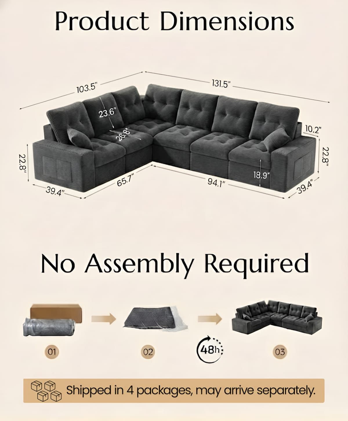 [LIMITED] 6-Seater  Ergonomic High-Back Modular Sectional Couch-Supportive Seating, Corduroy Dark Grey