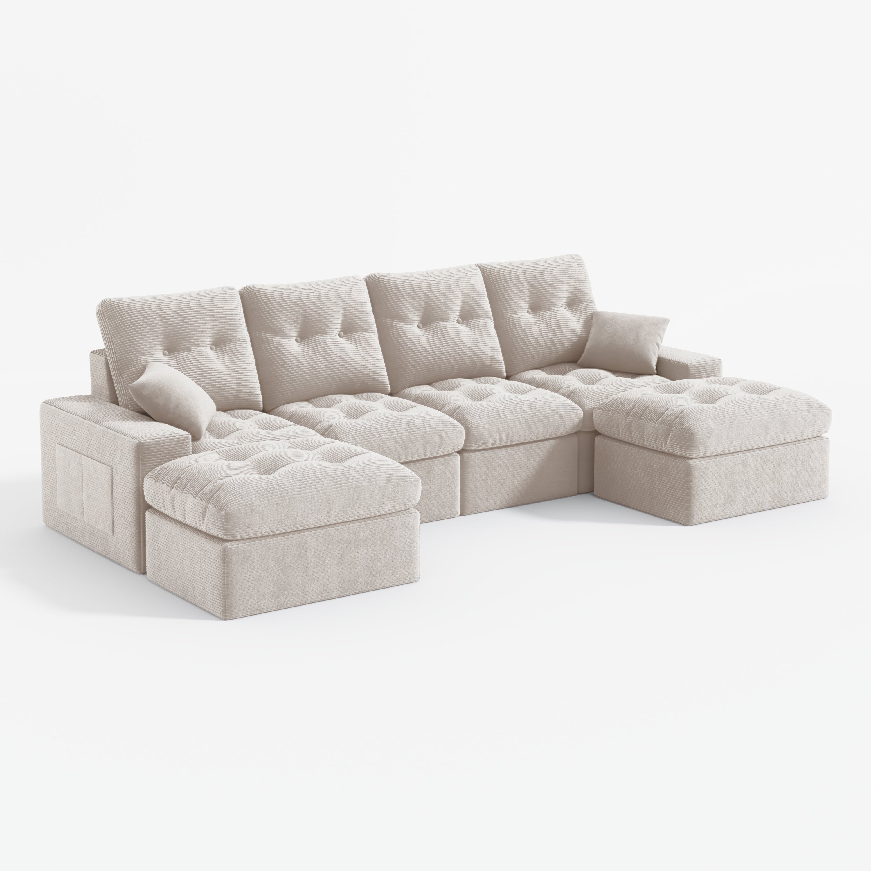 [LIMITED] 4-Seater Ergonomic High-Back Modular Sectional Couch with Ottoman-Supportive Seating, Corduroy Warm White