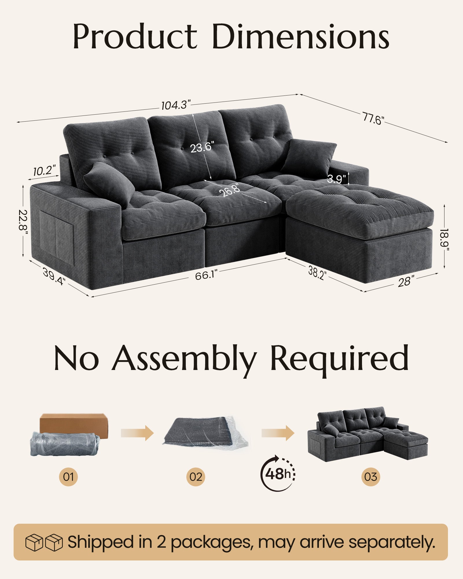 3-Seater Ergonomic High-Back Modular Sectional Couch-Supportive Seating, Corduroy Warm White