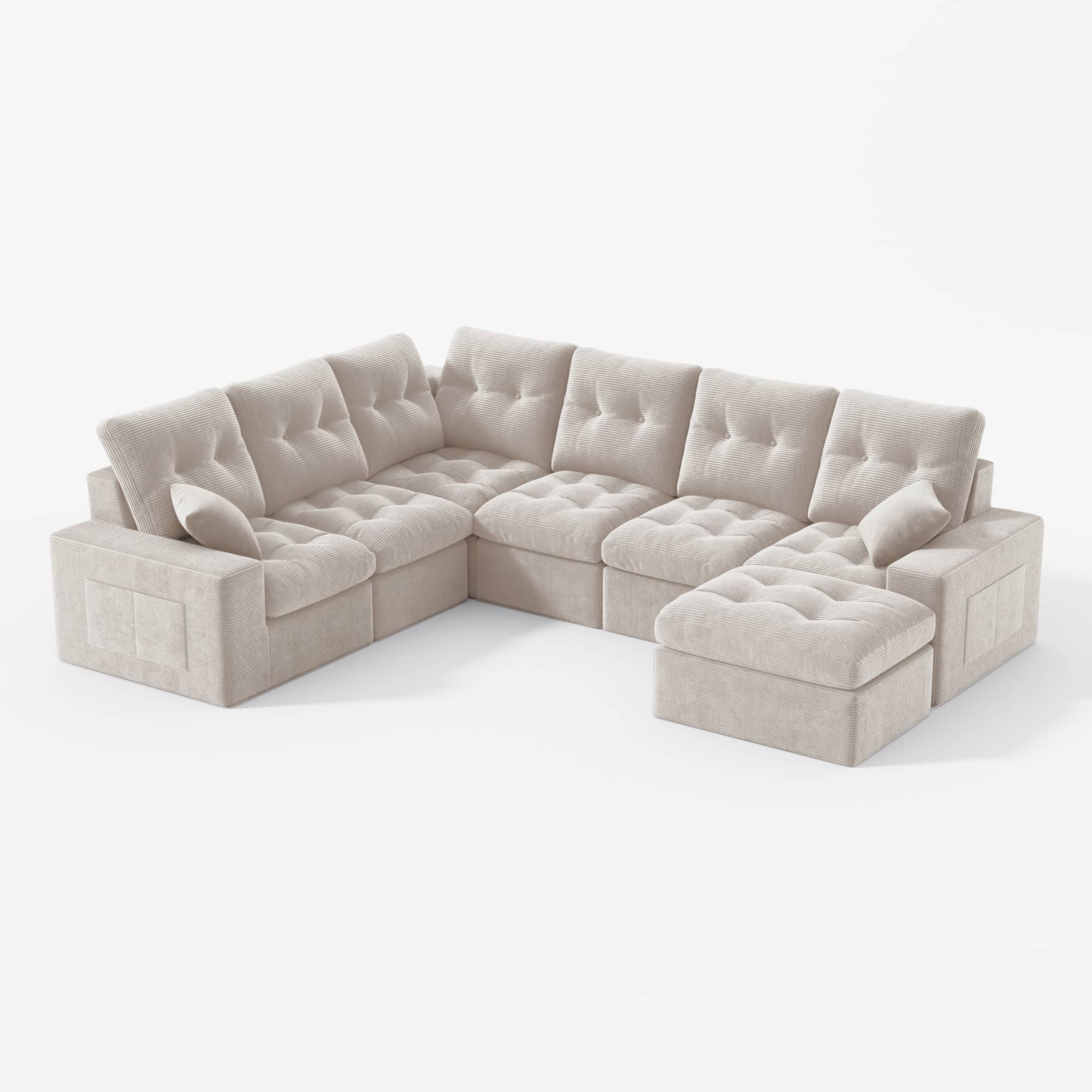 L-shaped Ergonomic High-Back Modular Sectional Couch-Supportive Seating, Corduroy Warm White