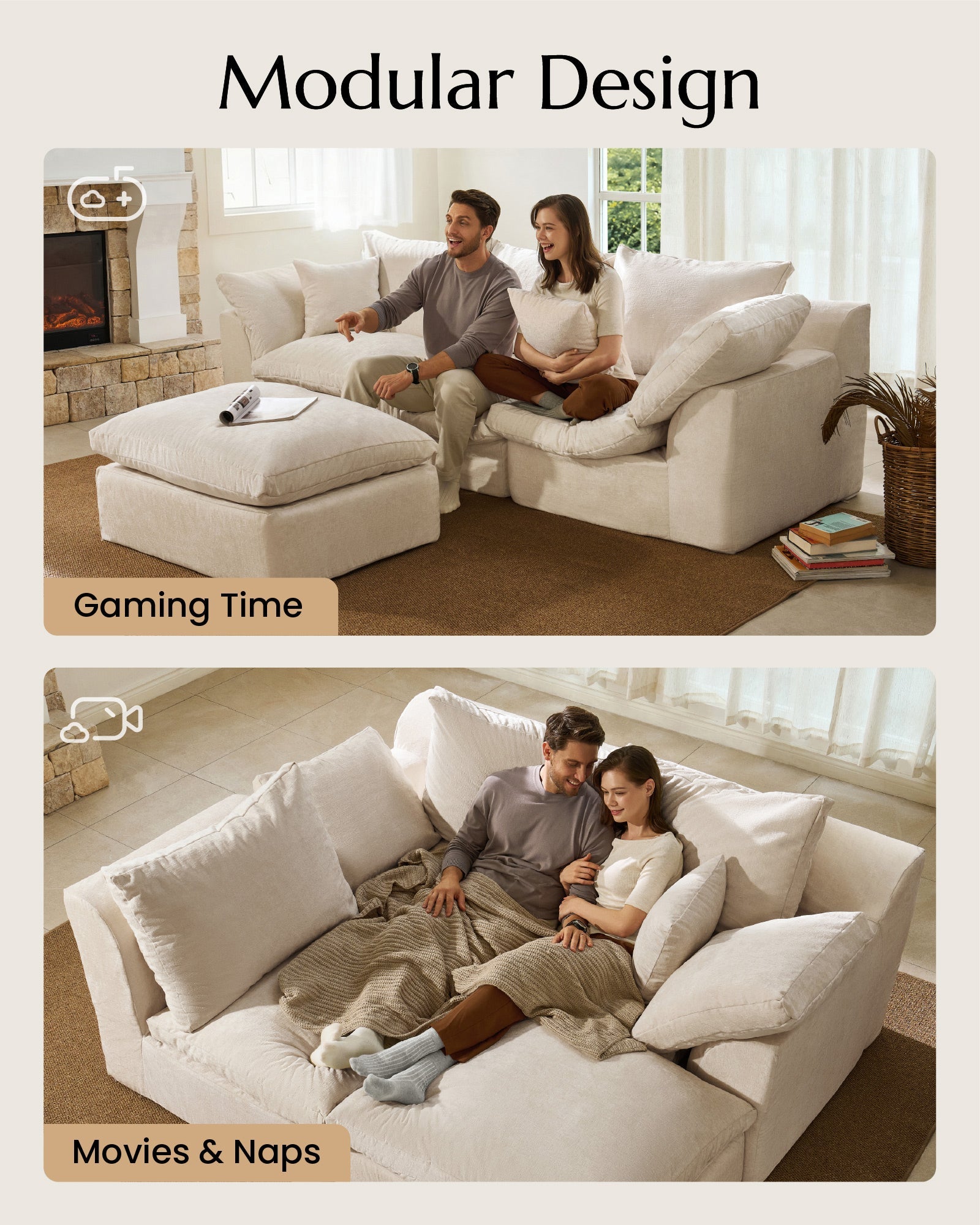 3-Seater Luxury High-Back Sectional Cloud Couch-Supportive Seating,Chenille Warm White