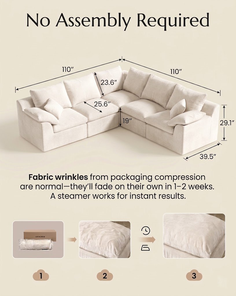 [LIMITED] L-shaped 5-Seater Luxury High-Back Sectional Cloud Couch-Supportive Seating, Chenille Warm White