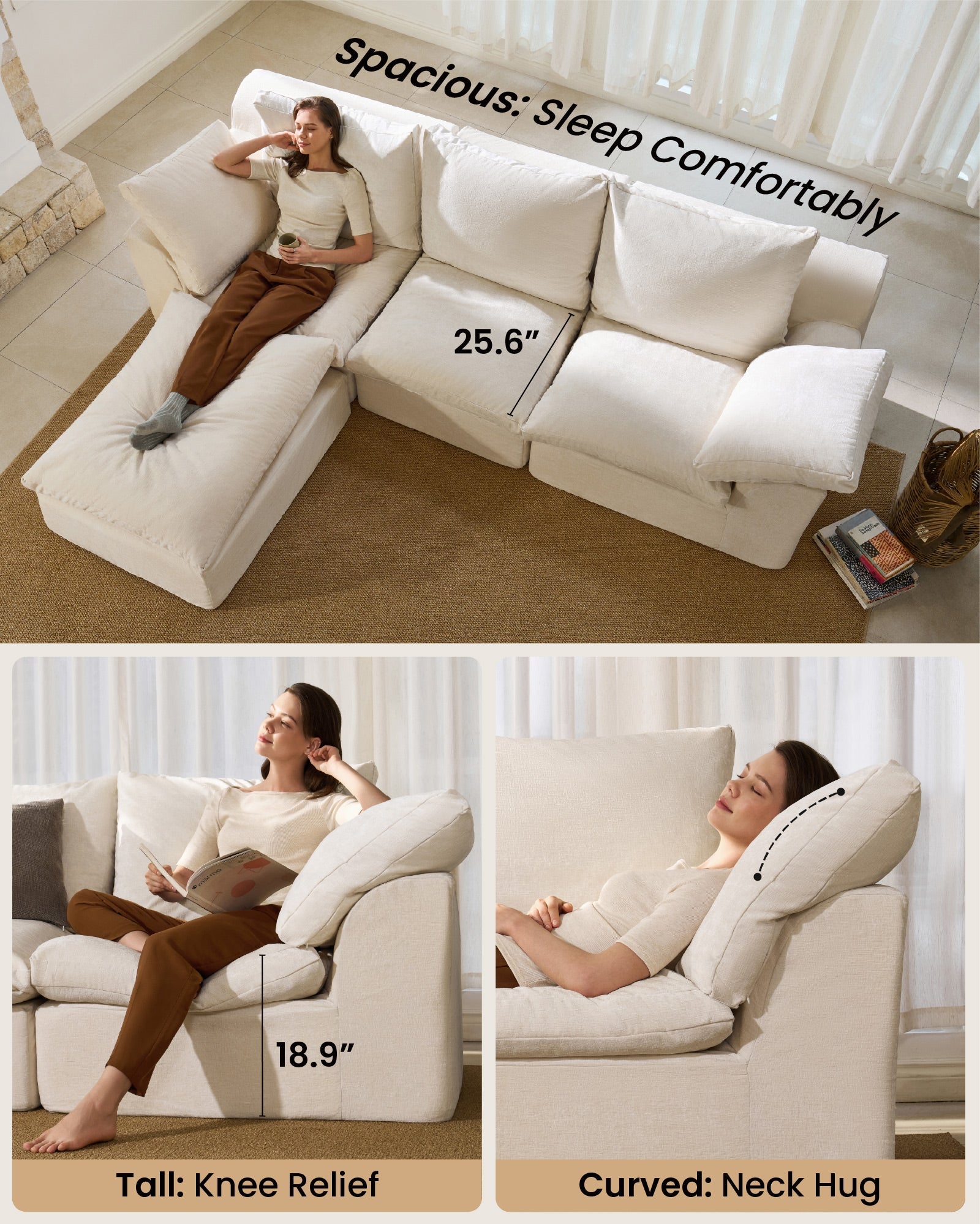 4-Seater Luxury High-Back Sectional Cloud Couch-Supportive Seating,Chenille Warm White