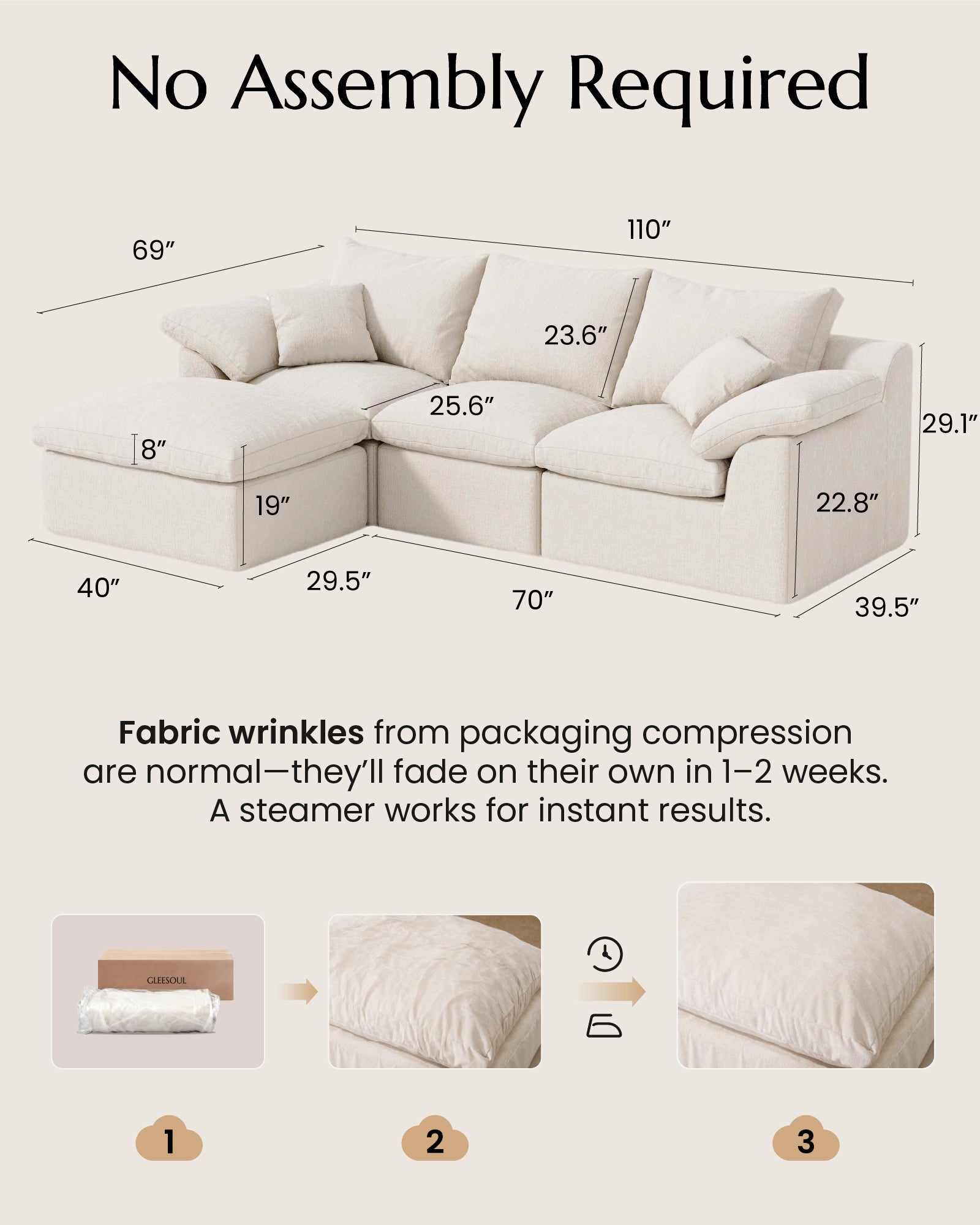 3-Seater Luxury High-Back Sectional Cloud Couch-Supportive Seating,Chenille Warm White