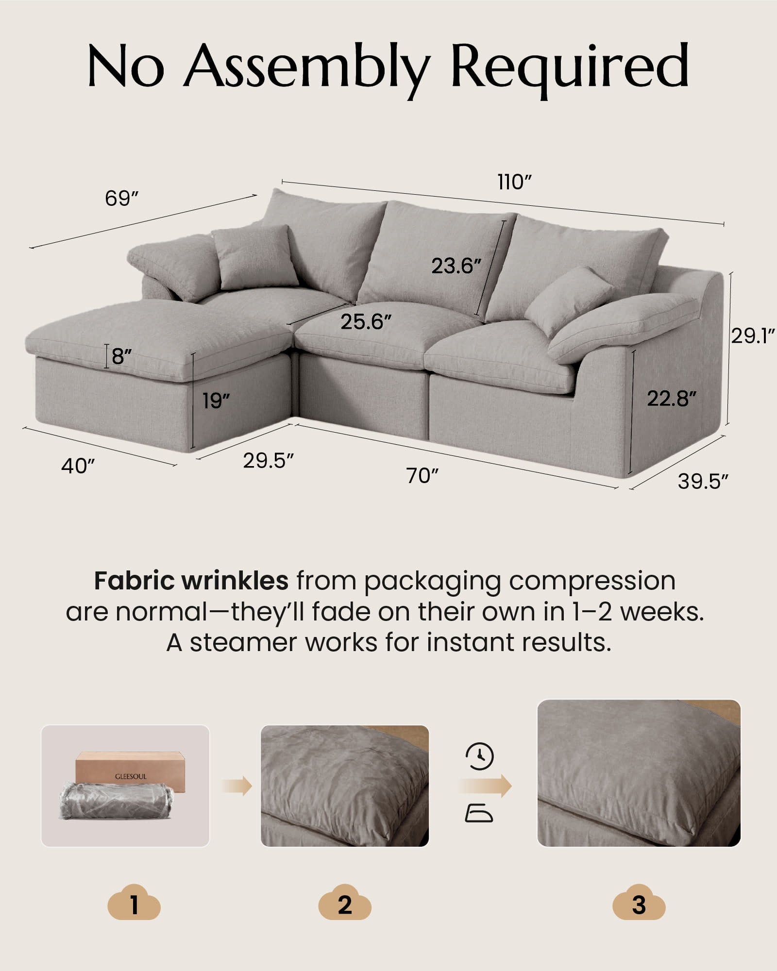 3-Seater Luxury High-Back Sectional Cloud Couch-Supportive Seating,Chenille Dark Grey