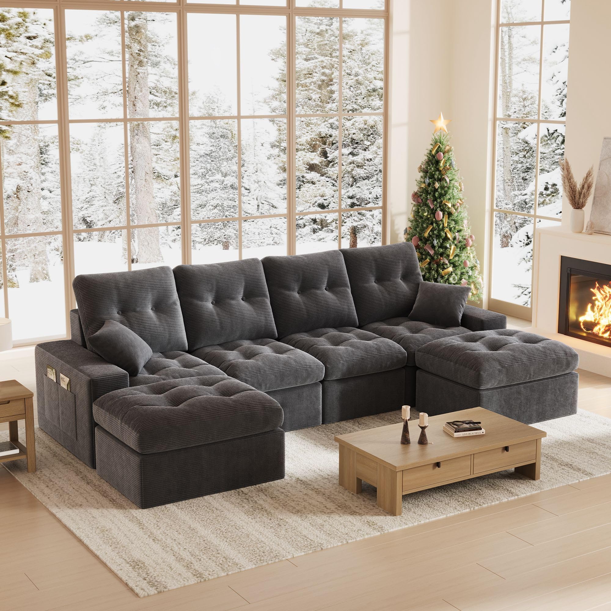 4-Seater Ergonomic High-Back Modular Sectional Couch-Supportive Seating, Corduroy Dark Grey