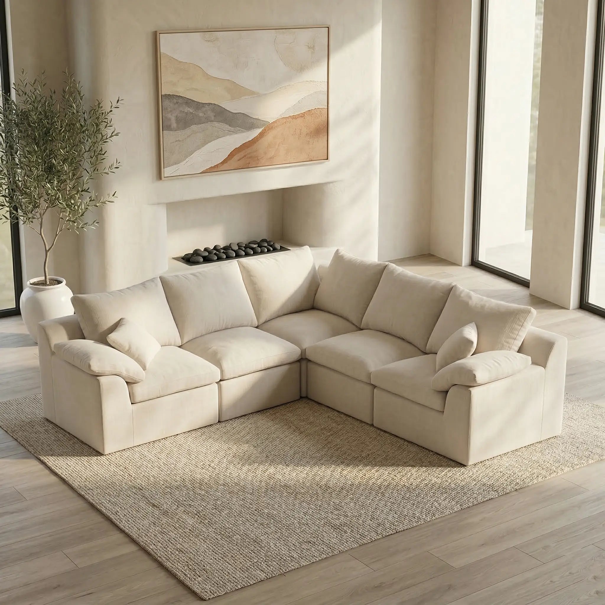 [LIMITED] L-shaped 5-Seater Luxury High-Back Sectional Cloud Couch-Supportive Seating, Chenille Warm White