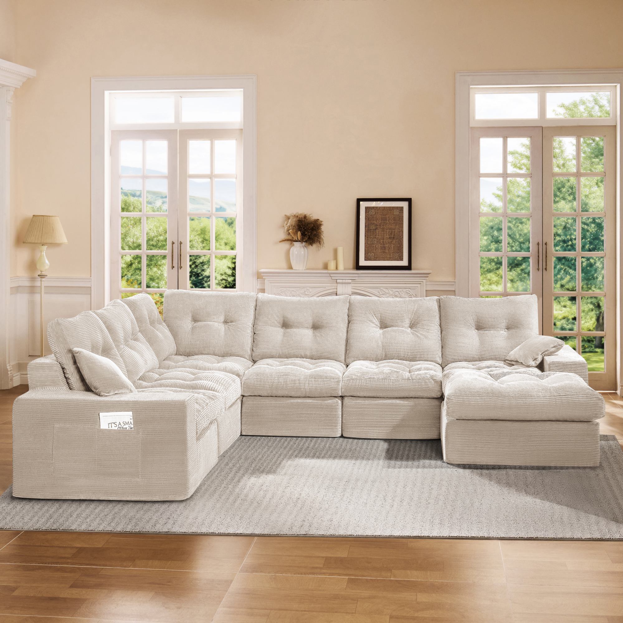 L-shaped Ergonomic High-Back Modular Sectional Couch-Supportive Seating, Corduroy Warm White