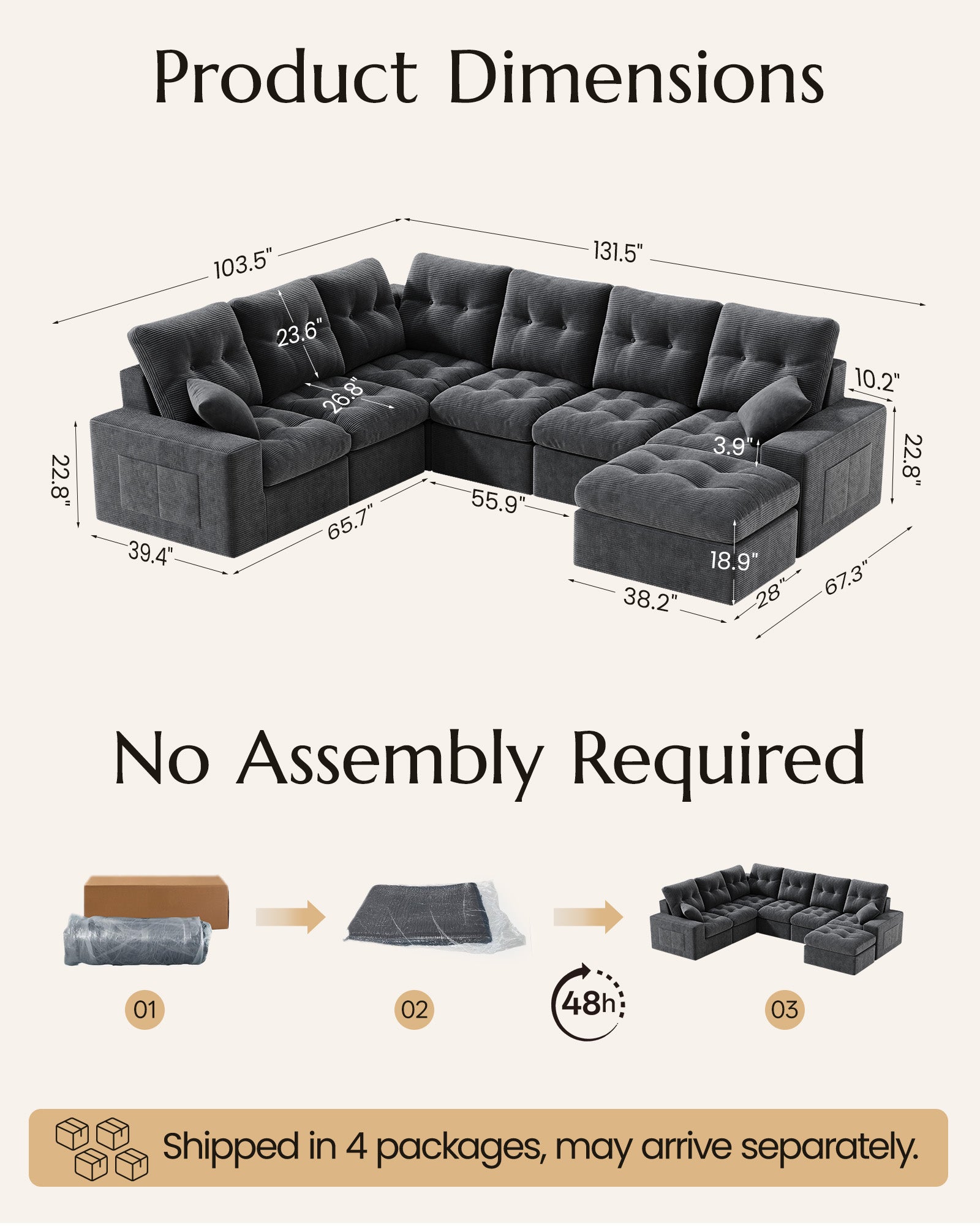 L-shaped Ergonomic High-Back Modular Sectional Couch-Supportive Seating, Corduroy Warm White