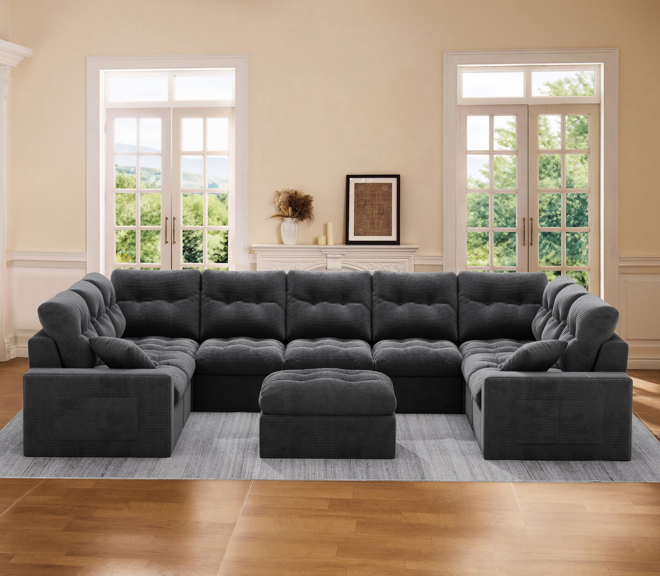 U-shaped  Ergonomic High-Back Modular Sectional Couch-Supportive Seating, Corduroy Dark Grey